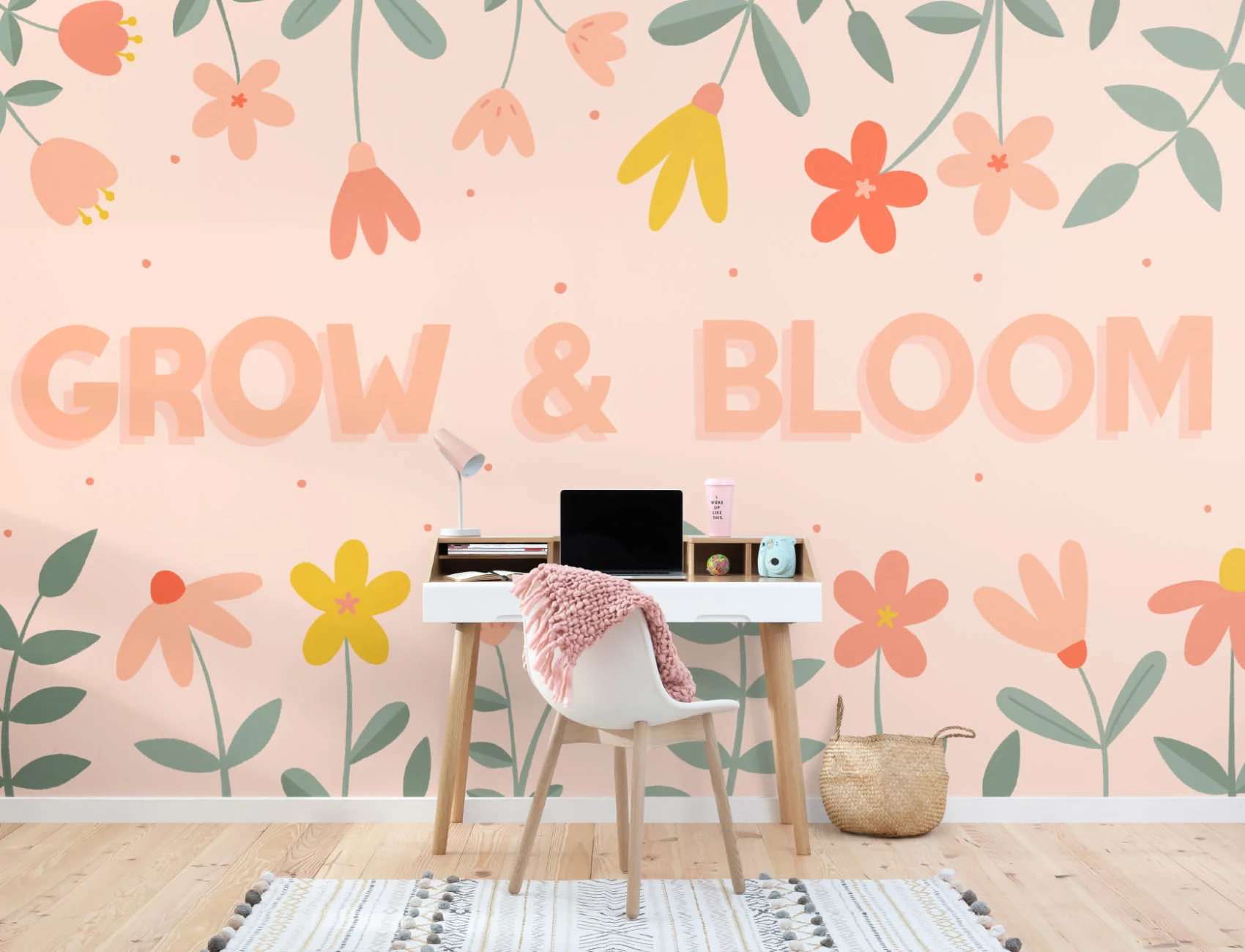 Pink Floral Typography Quote Wallpaper Mural