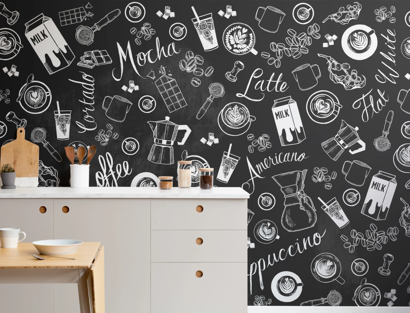 Mural con Motivos de Tazas de Café en Blanco y Negro