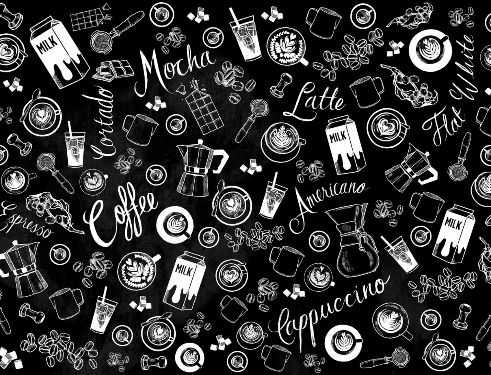 Mural con Motivos de Tazas de Café en Blanco y Negro