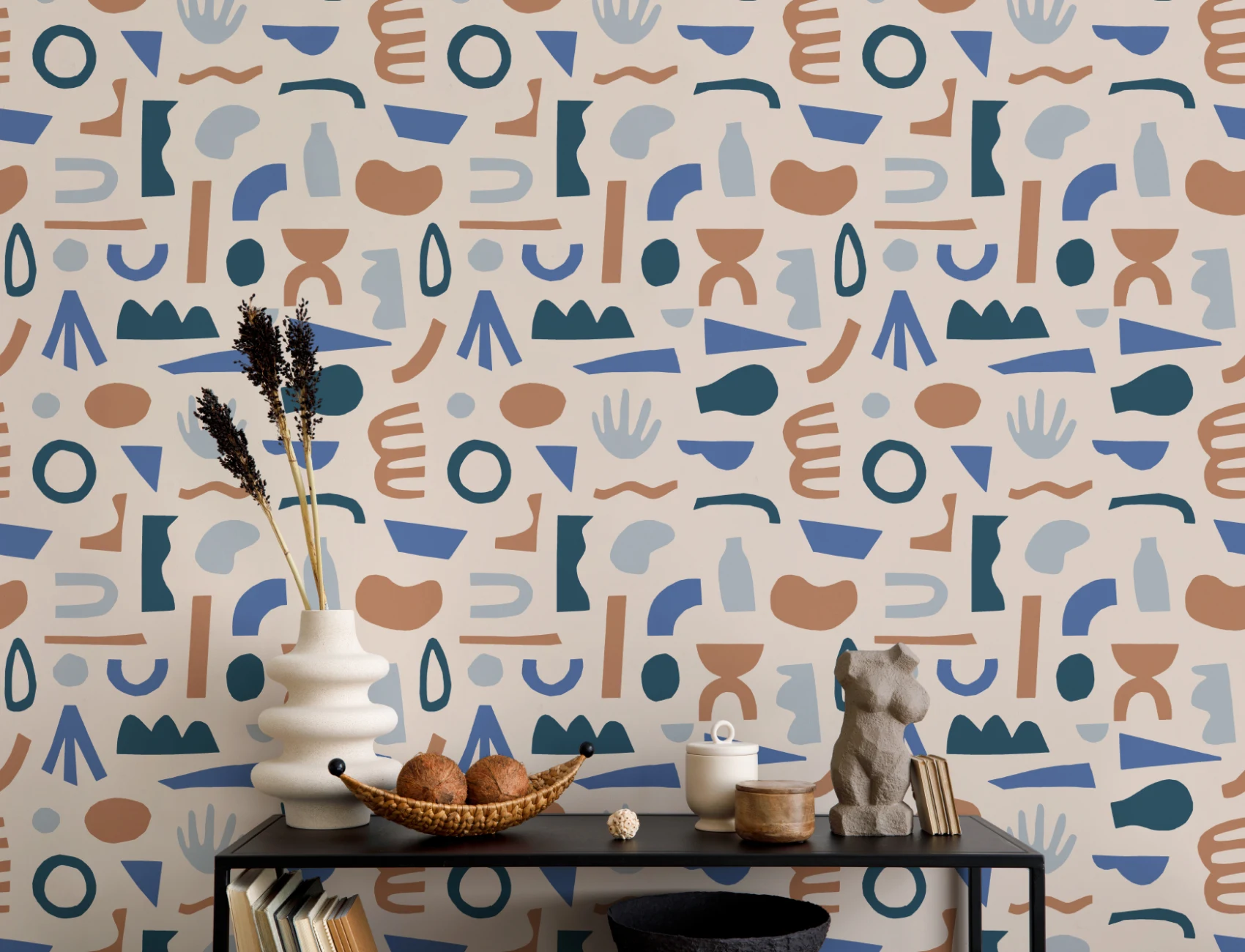 Blue & Neutral Abstract Shapes Repeat Pattern Wallpaper