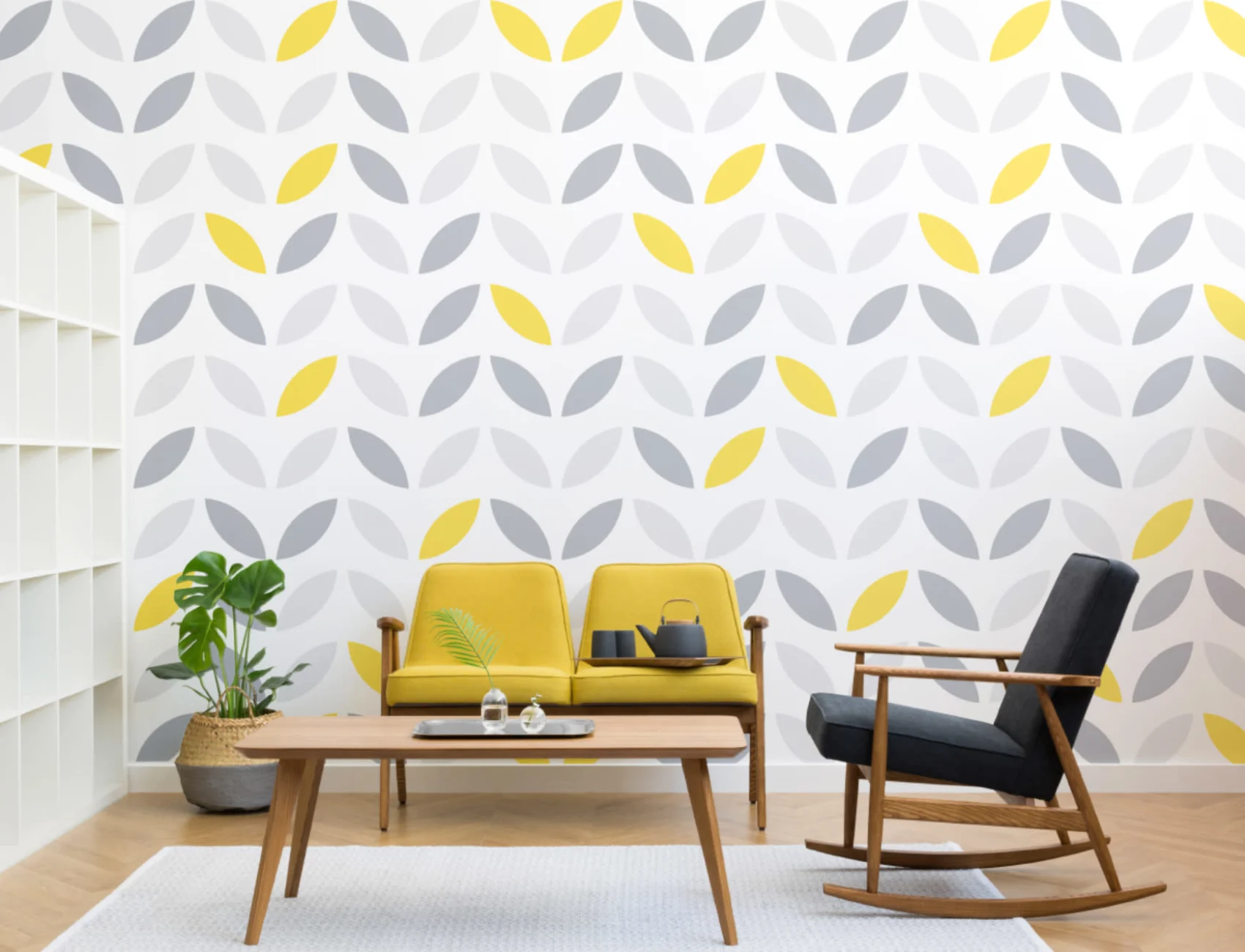 Mural de papel de parede com padrão de flores abstrato amarelo e cinzento