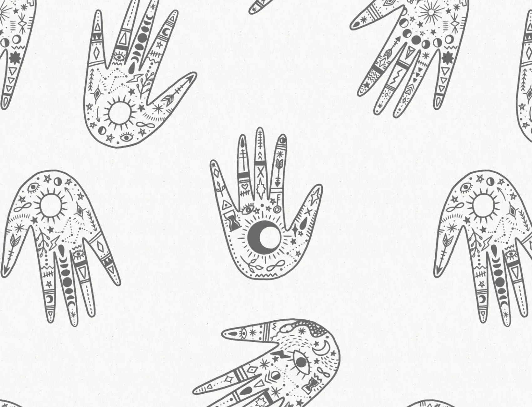 Black & White Cosmic Symbols Hands Repeat Pattern Wallpaper