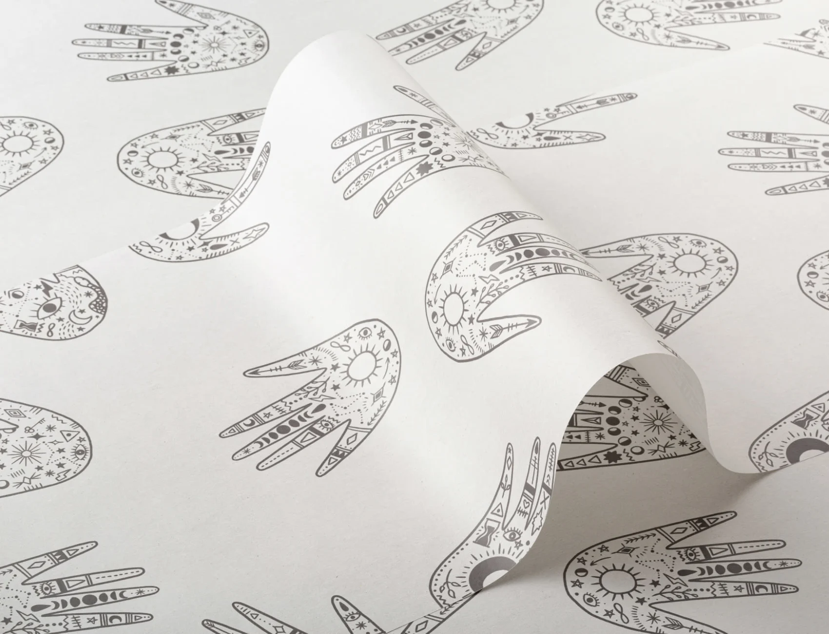 Black & White Cosmic Symbols Hands Repeat Pattern Wallpaper