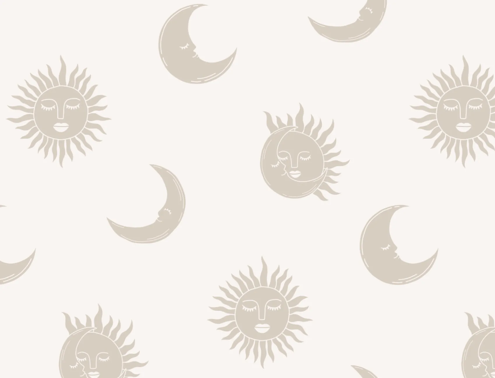 Carta da Parati Beige e Bianca Illustrata con Motivo di Sole e Luna