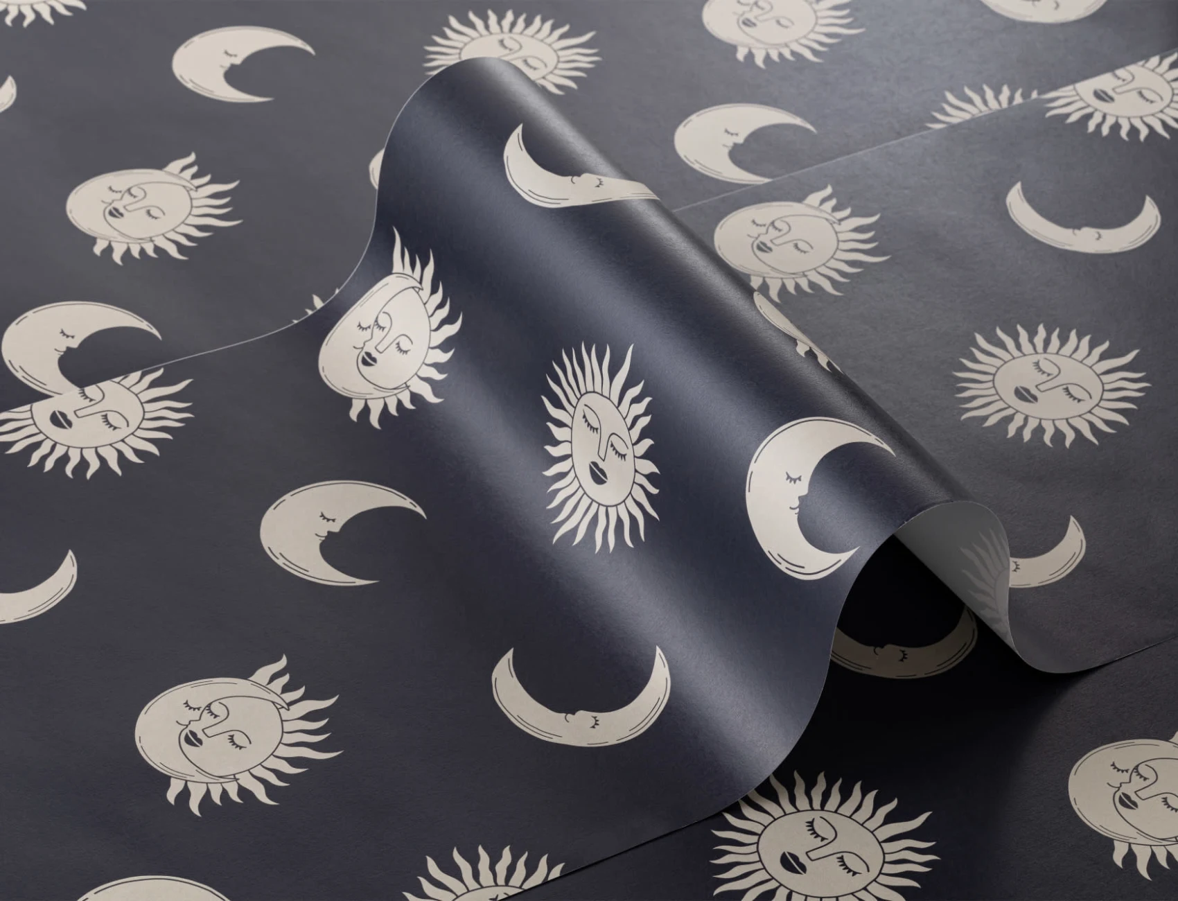 Sun and Moon Navy Blue Boho Repeat Pattern Wallpaper