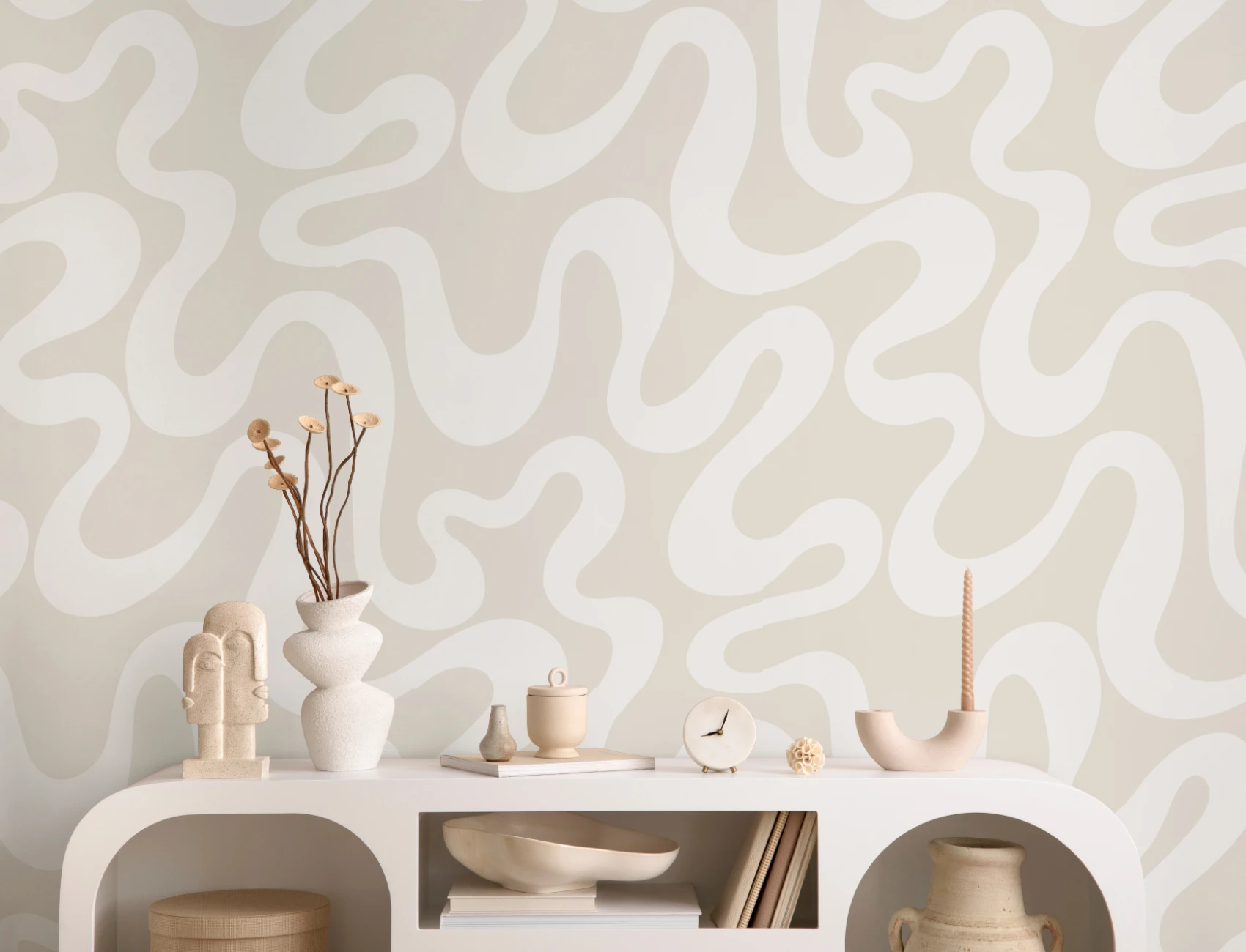Neutral Groovy Wiggly Lines Repeat Pattern Wallpaper