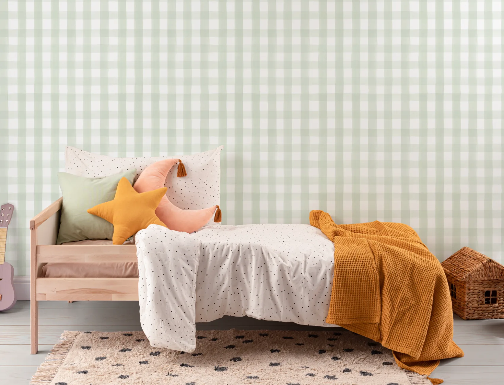 Papel Pintado Cuadros Vichy Blancos y Verdes