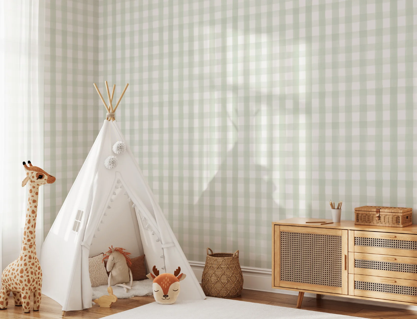 Papel Pintado Cuadros Vichy Blancos y Verdes
