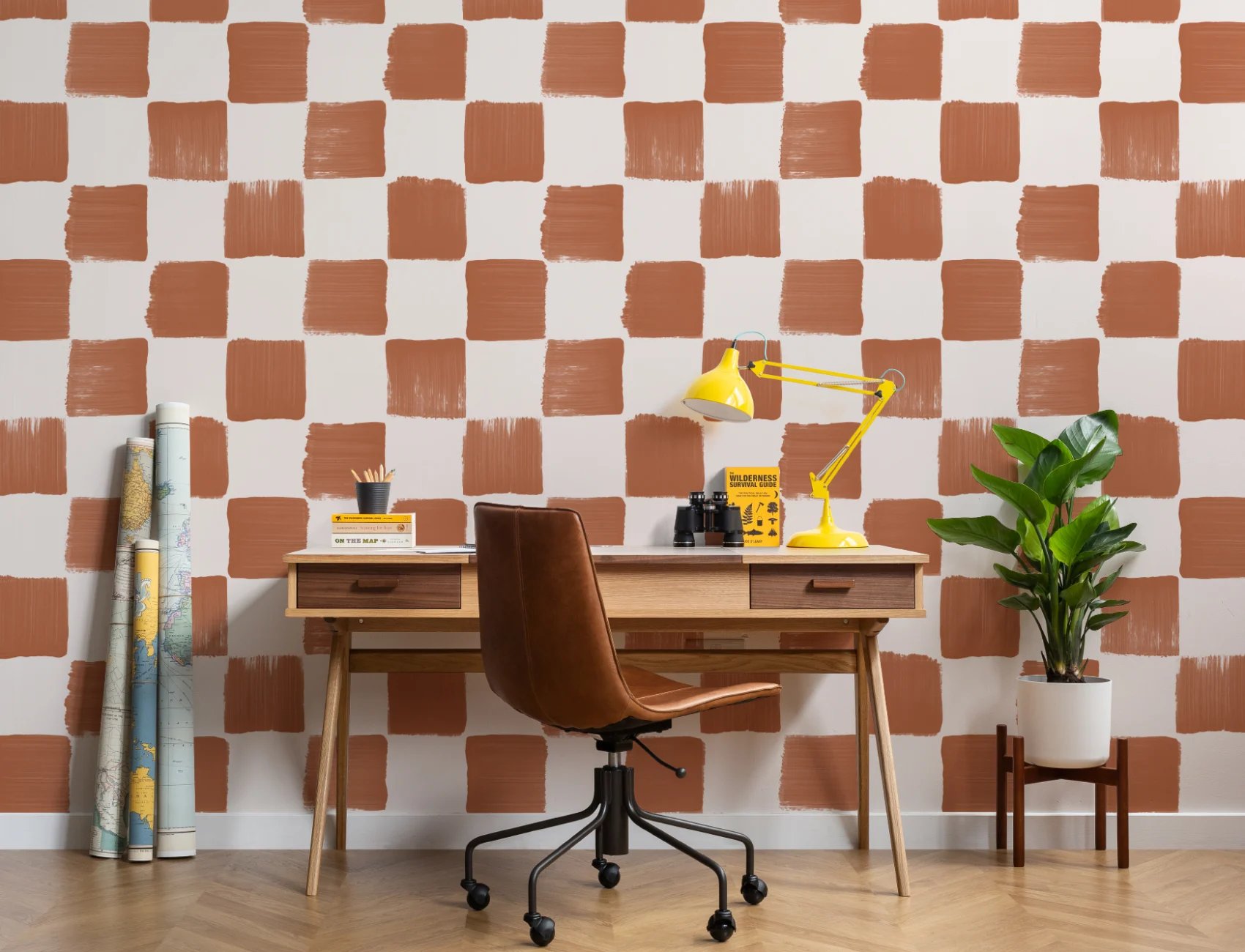 Burnt Orange Hand Painted Checked Wallpaper