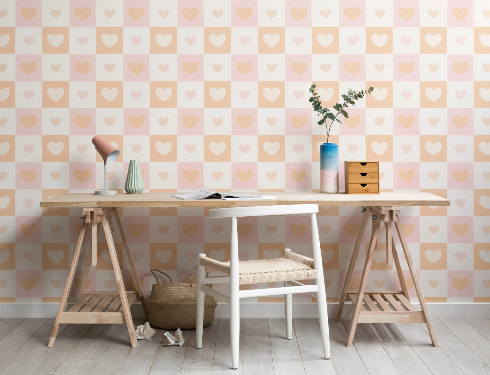 Papier peint cœurs sur carreaux oranges