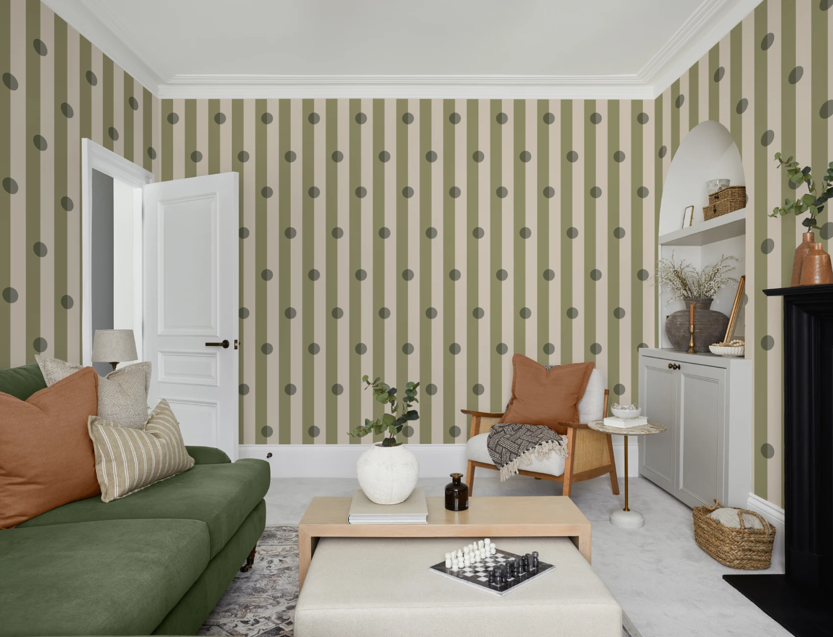 Green Polka Dot Striped Pattern Mural With Retro Vibe