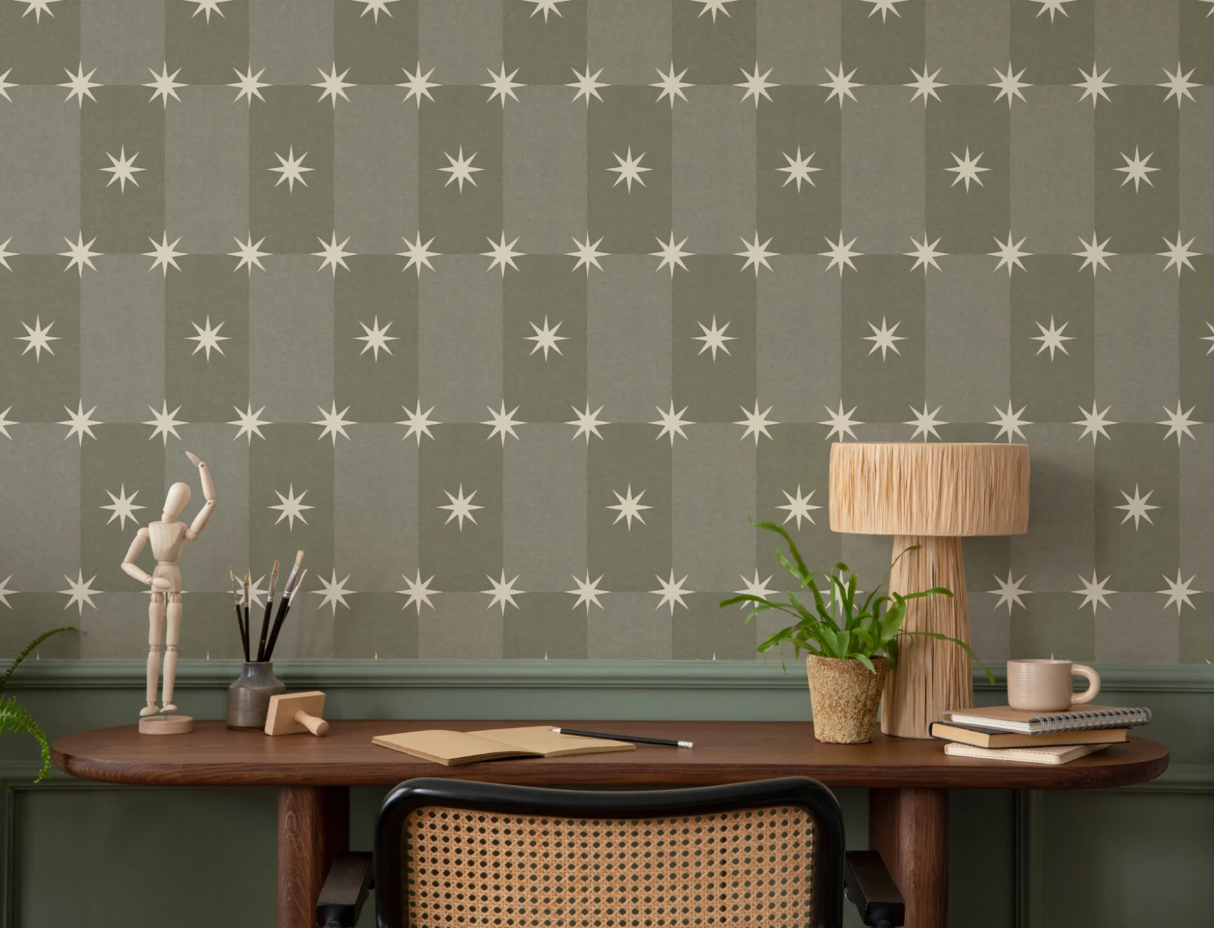 Sterling Green Geometric Star Pattern Contemporary Mural