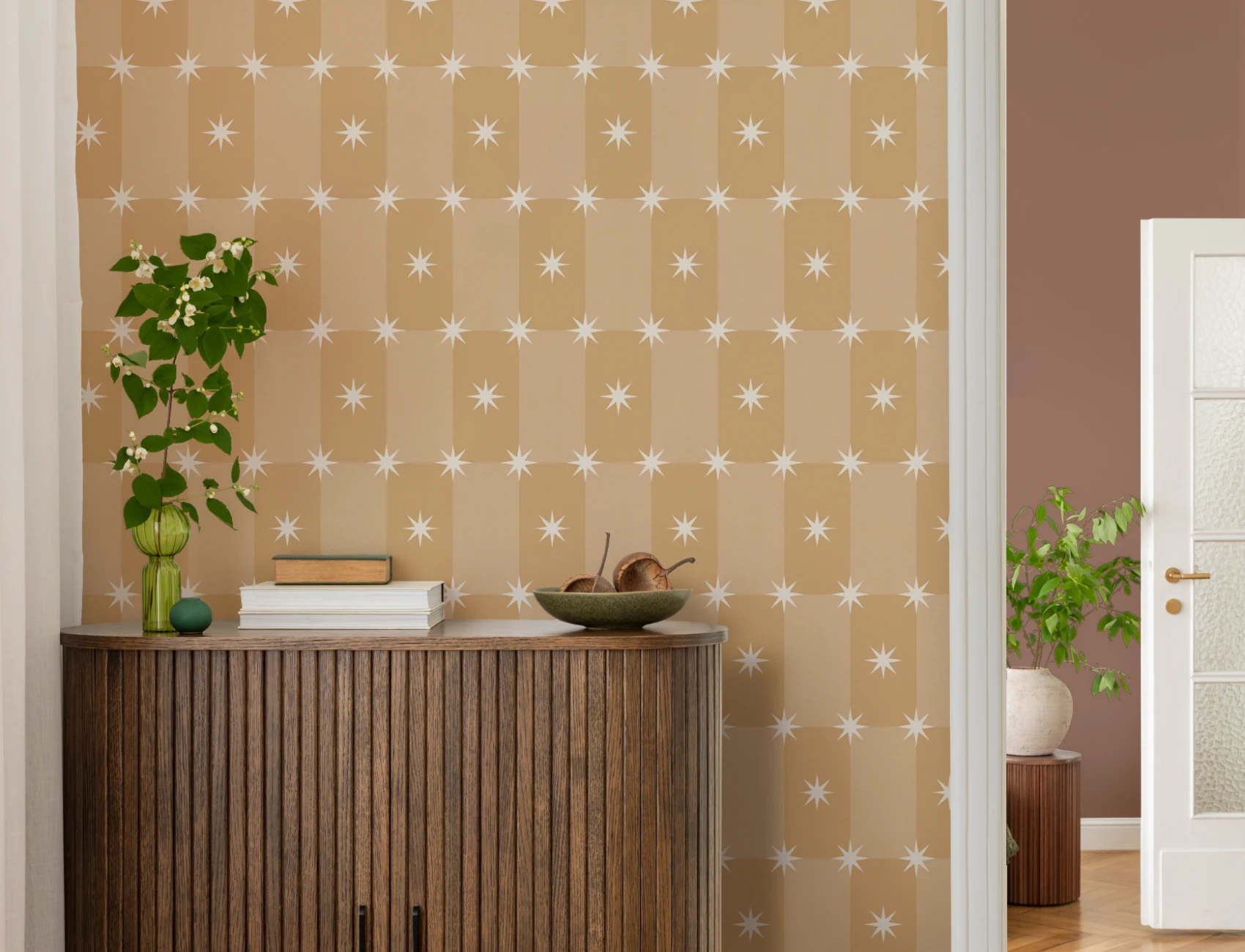 Yellow Geometric Starburst Pattern Mural For Playful Spaces