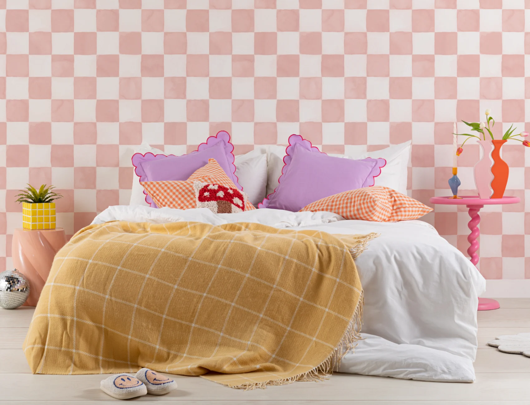 Pink Watercolor Checkered Tile Mural