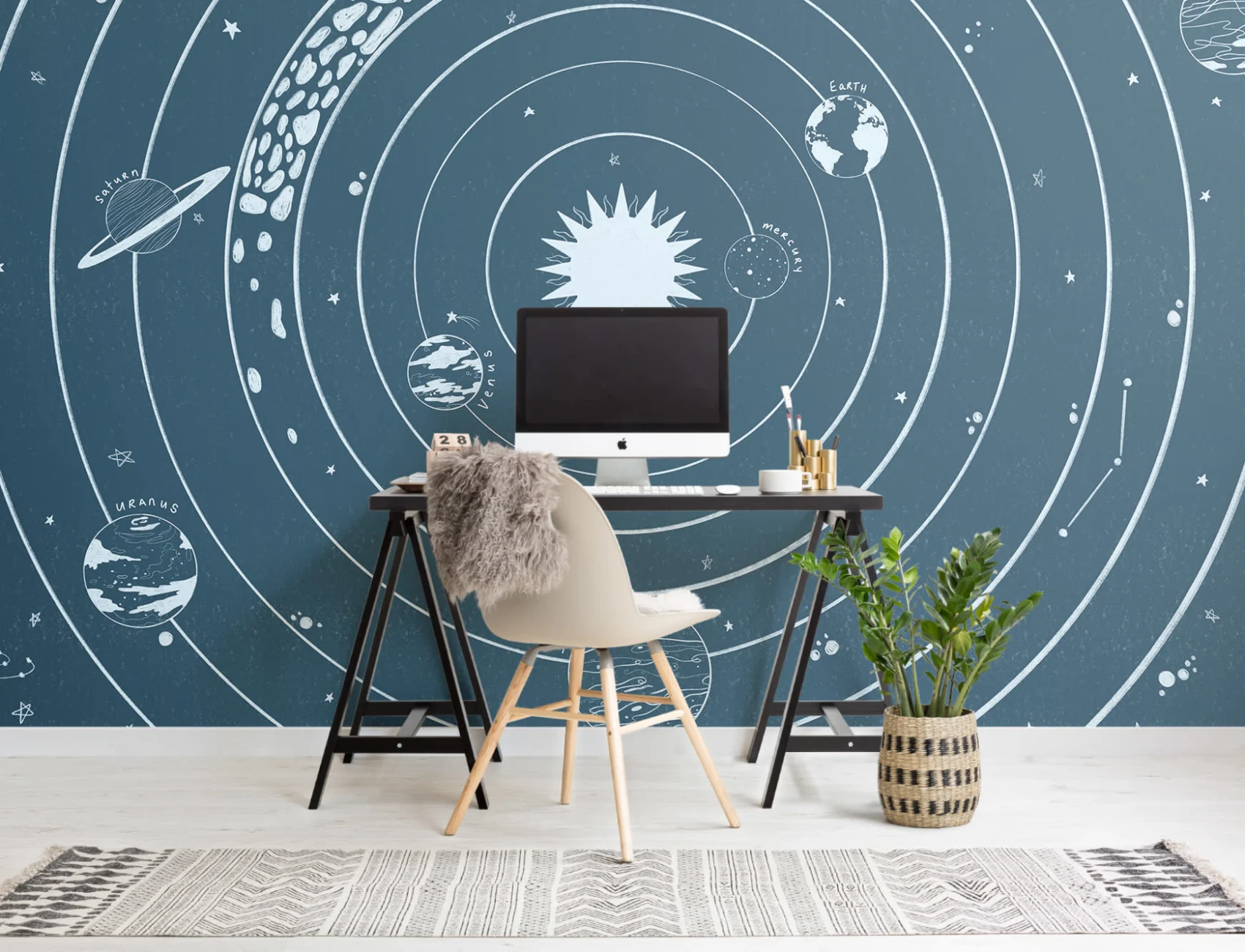 Blauwe Sterren & Planeten Zonnestelsel Behang Muurschildering