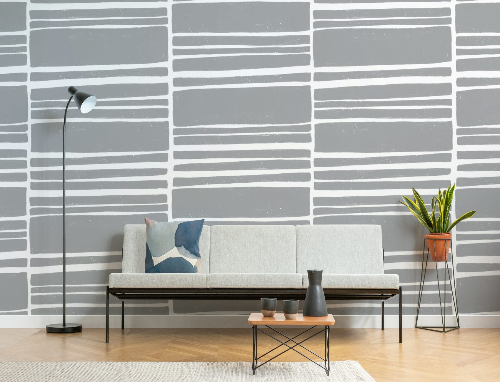 Mural Papel Pintado Gris y Blanco a Rayas Horizontales