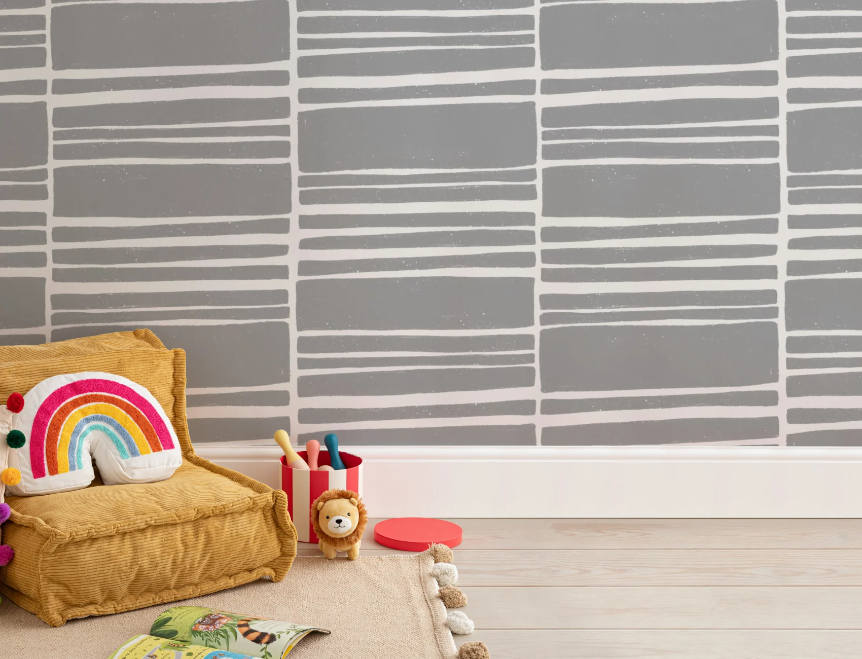 Mural Papel Pintado Gris y Blanco a Rayas Horizontales