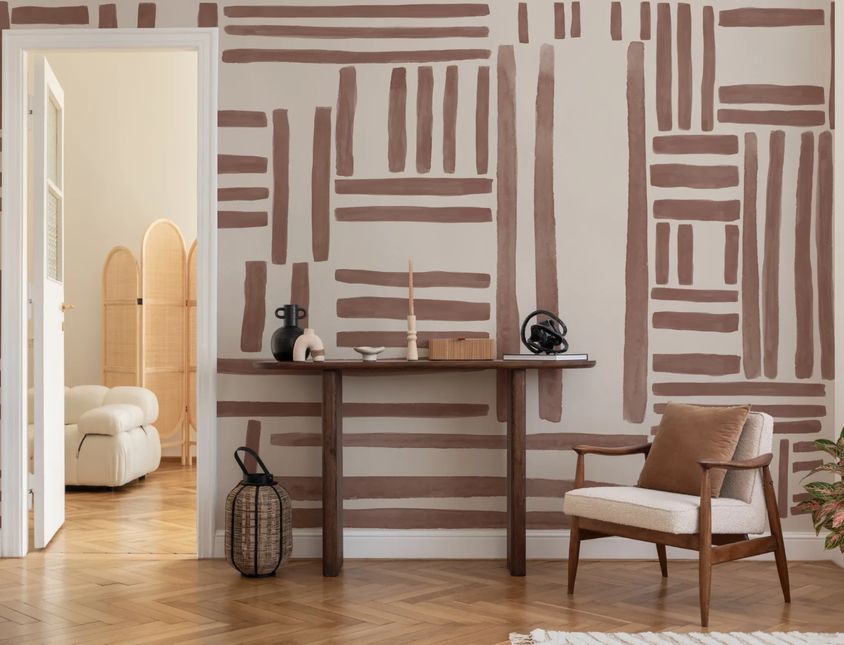 Hand-Painted Geometric Grid Stripe Mural in Terracotta