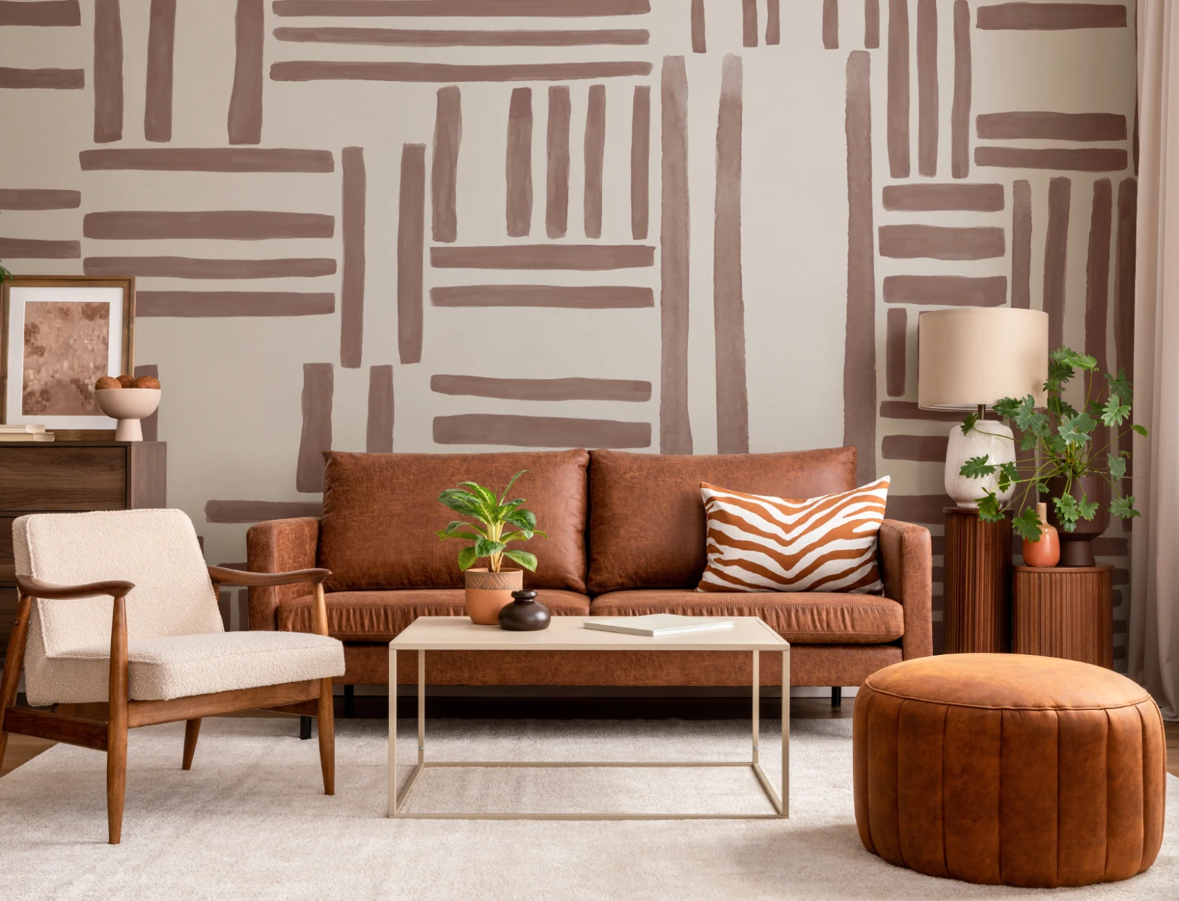 Hand-Painted Geometric Grid Stripe Mural in Terracotta