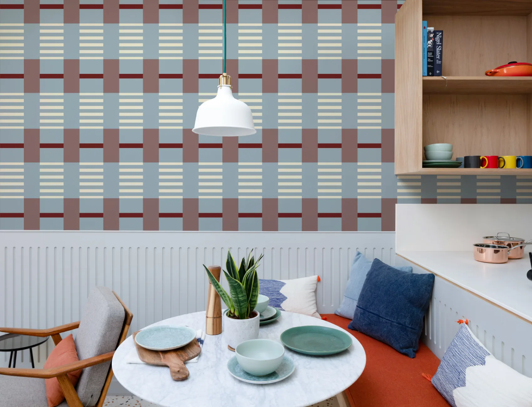 Blue Burgundy Checkered Pattern Contemporary Geometric Mural