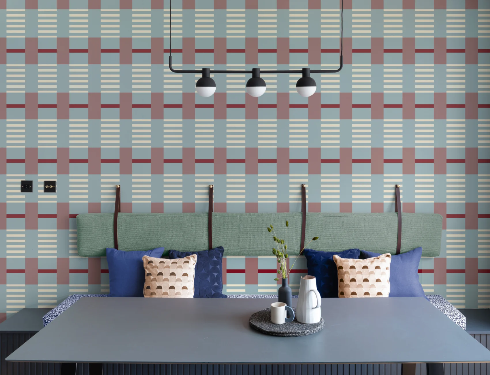 Blue Burgundy Checkered Pattern Contemporary Geometric Mural