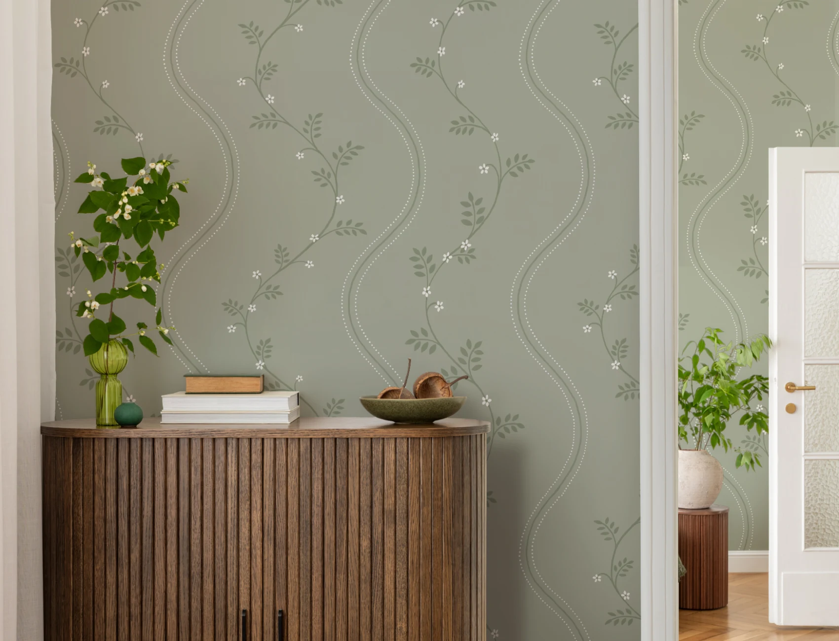 Green Vintage Floral Elegance Mural With Subtle Charm