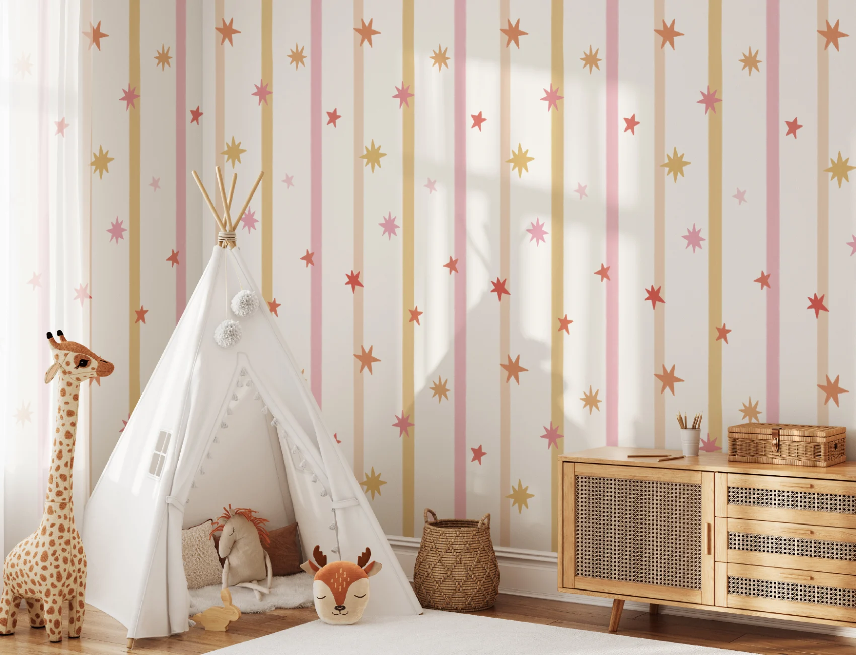 Pink Striped Star Pattern Kids Room Mural