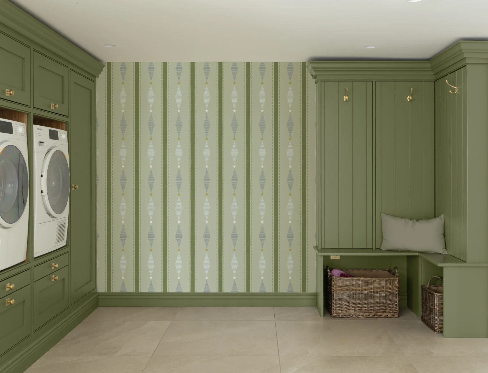 Green Geometric Striped Kids’ Mural For Playful Ambience