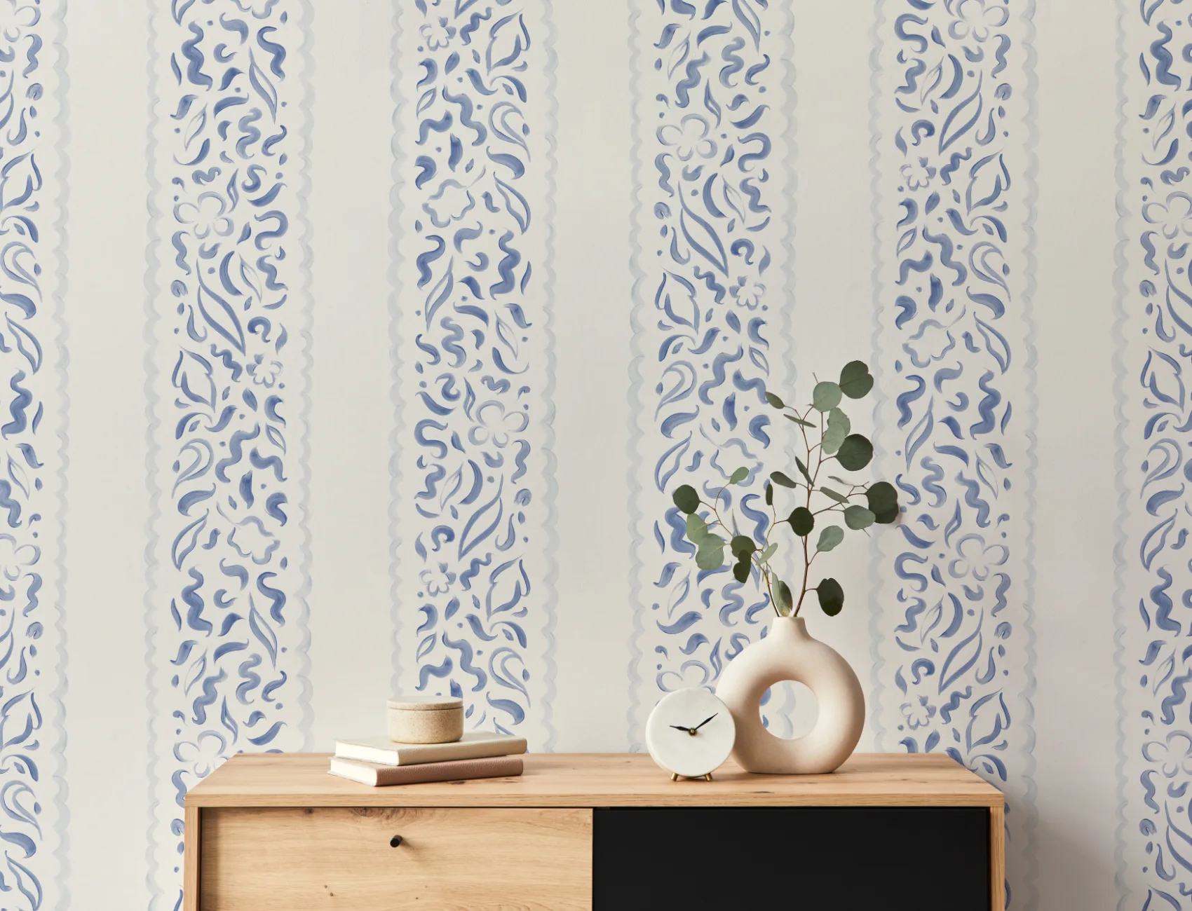 Blue Abstract Leaves Striped Mural