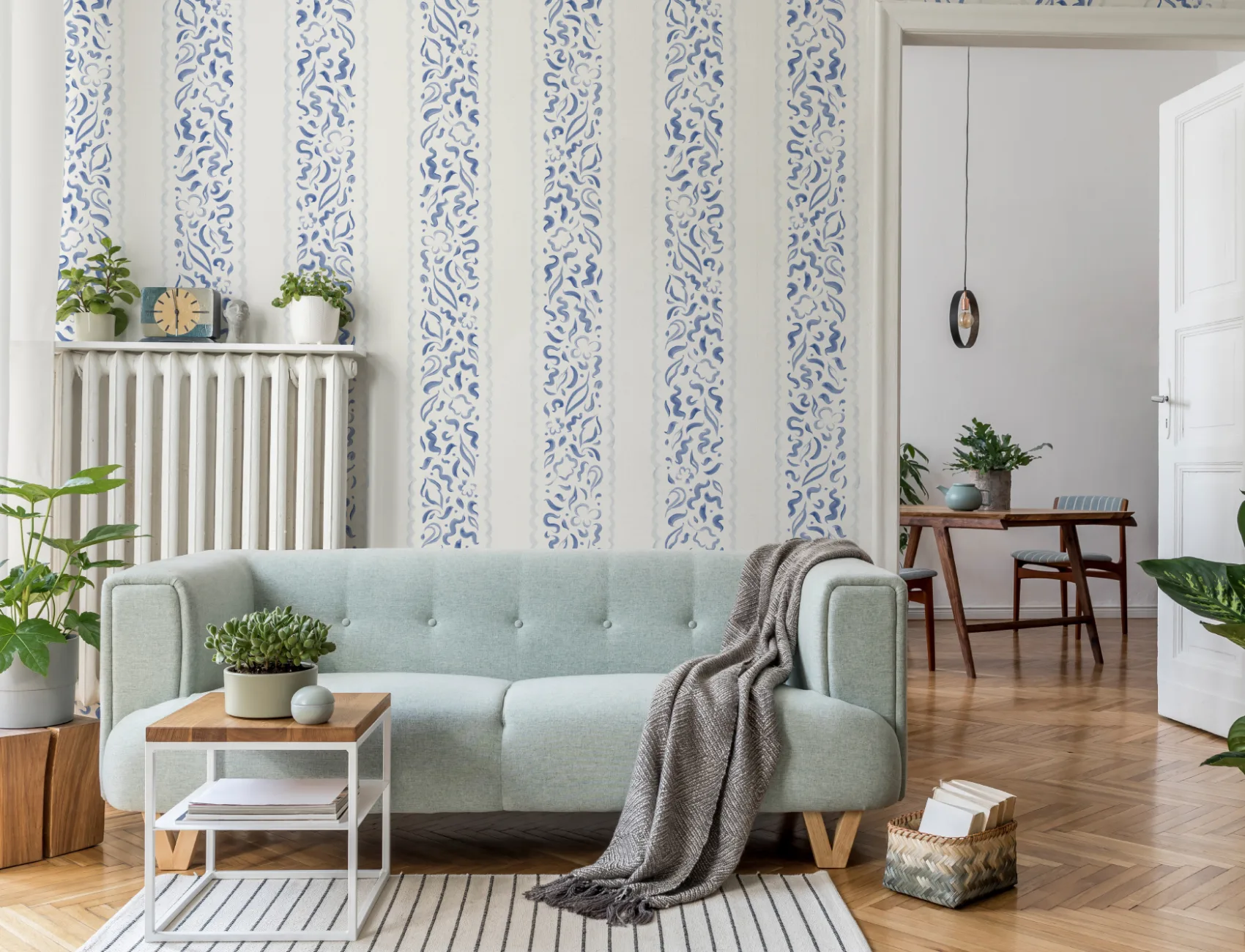 Blue Abstract Leaves Striped Mural