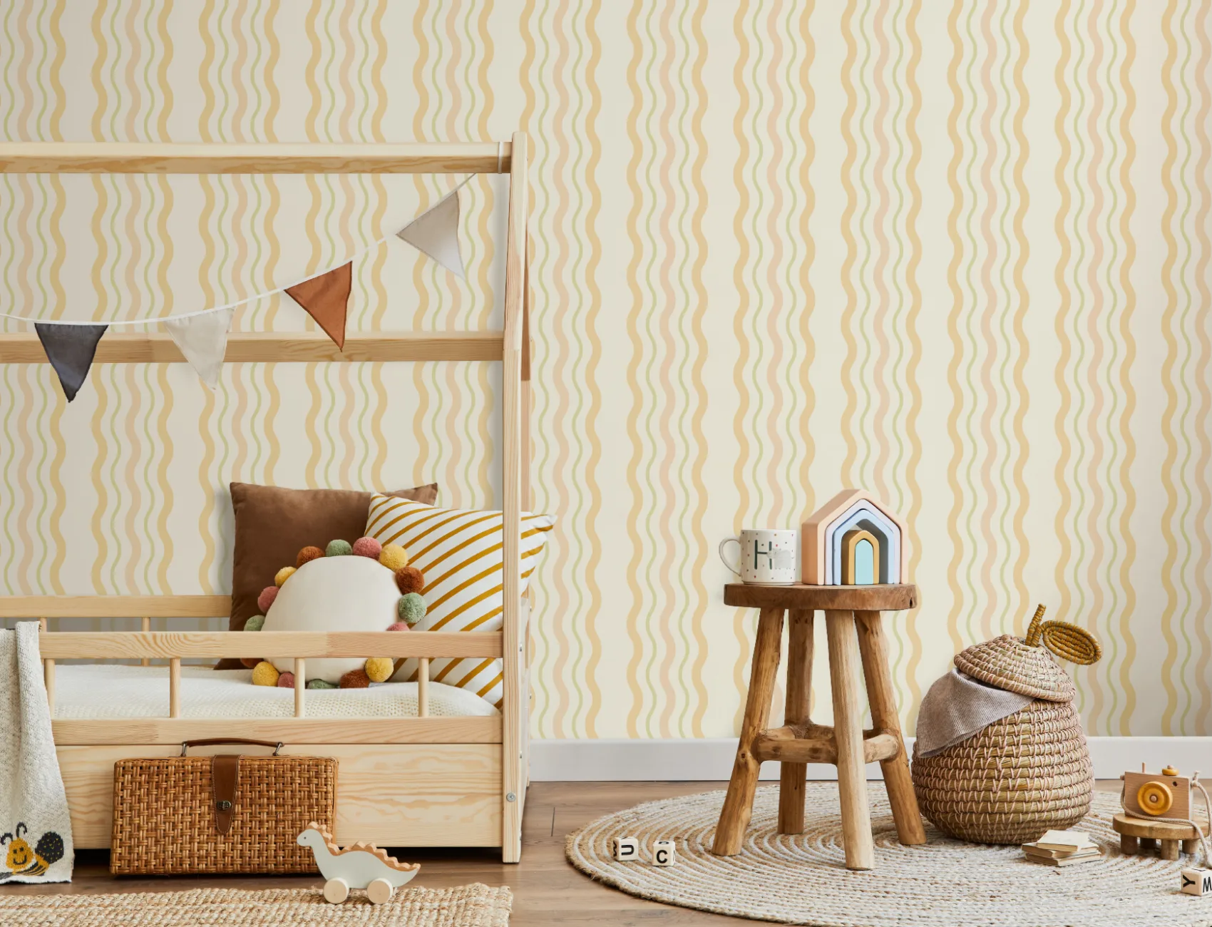 Yellow Wavy Ric Rac Striped Wallpaper