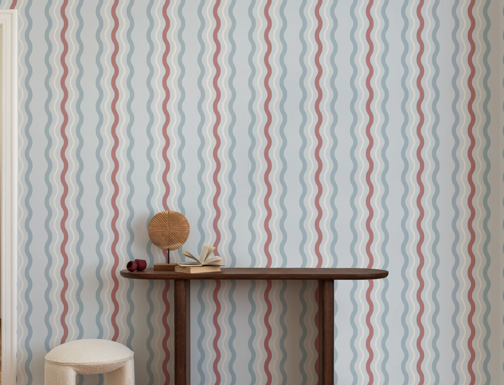 Blue & Red Wavy Ric Rac Striped Wallpaper