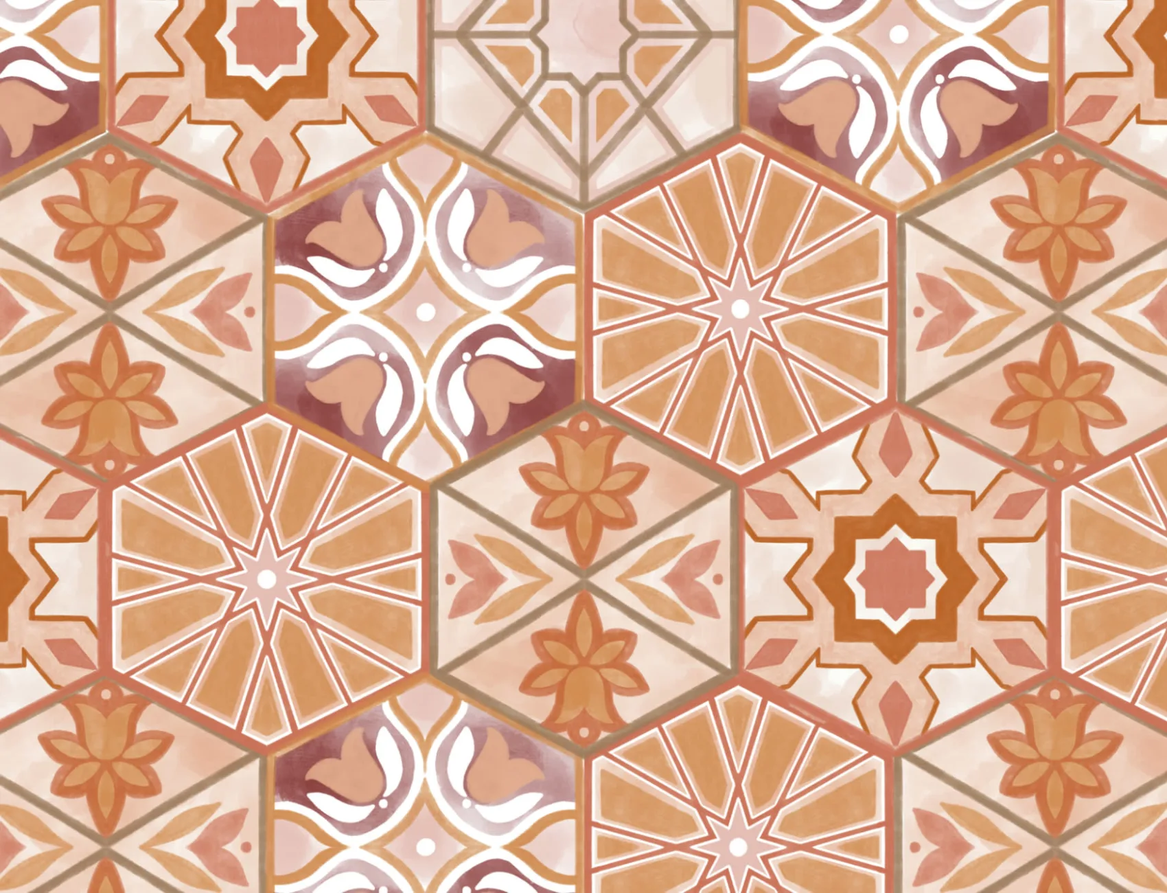Orange Tile Effect Boho Repeat Pattern Wallpaper