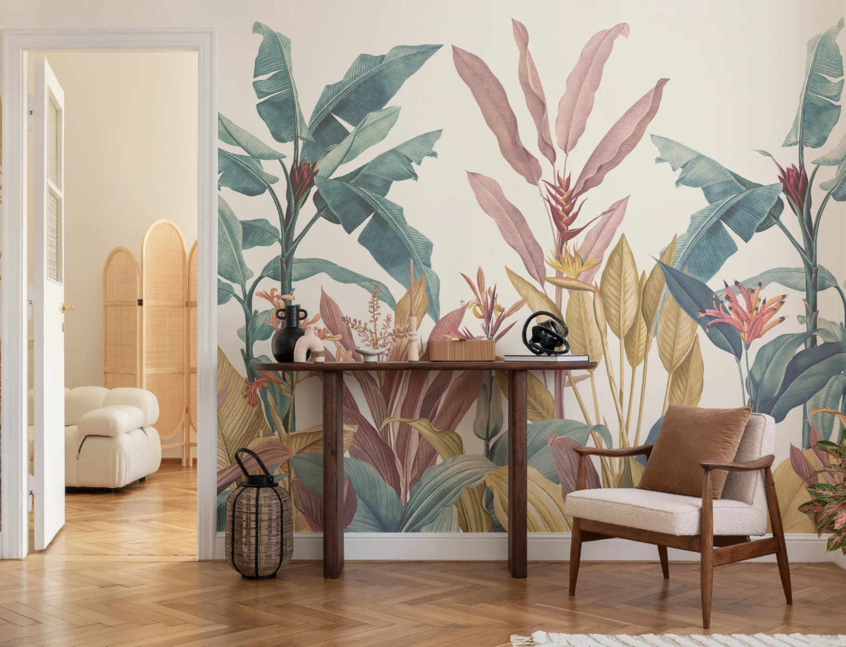 Pink & Teal Vintage Tropical Wall Mural