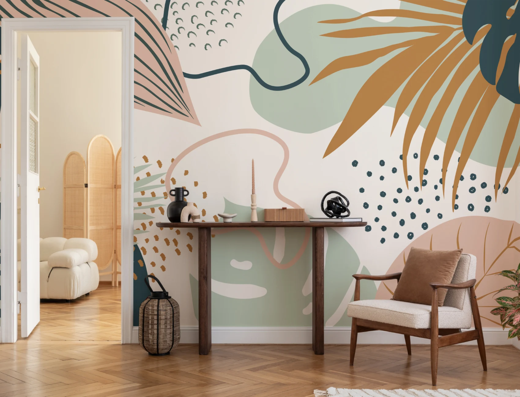 Verde & roz Abstract Tropical frunze colaj tapet mural