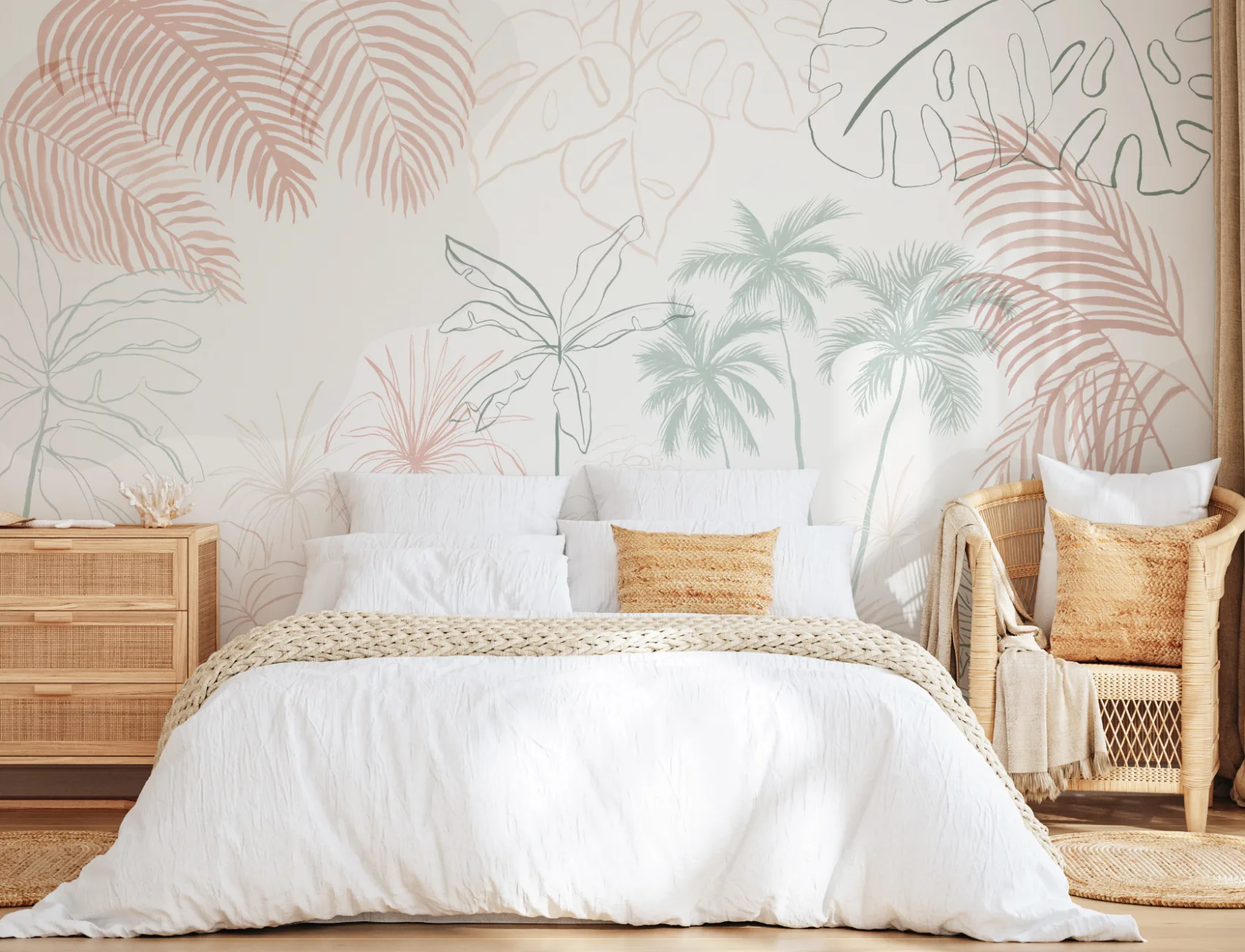 Minimalist roz și verde Inky Tropical Wallpaper Mural