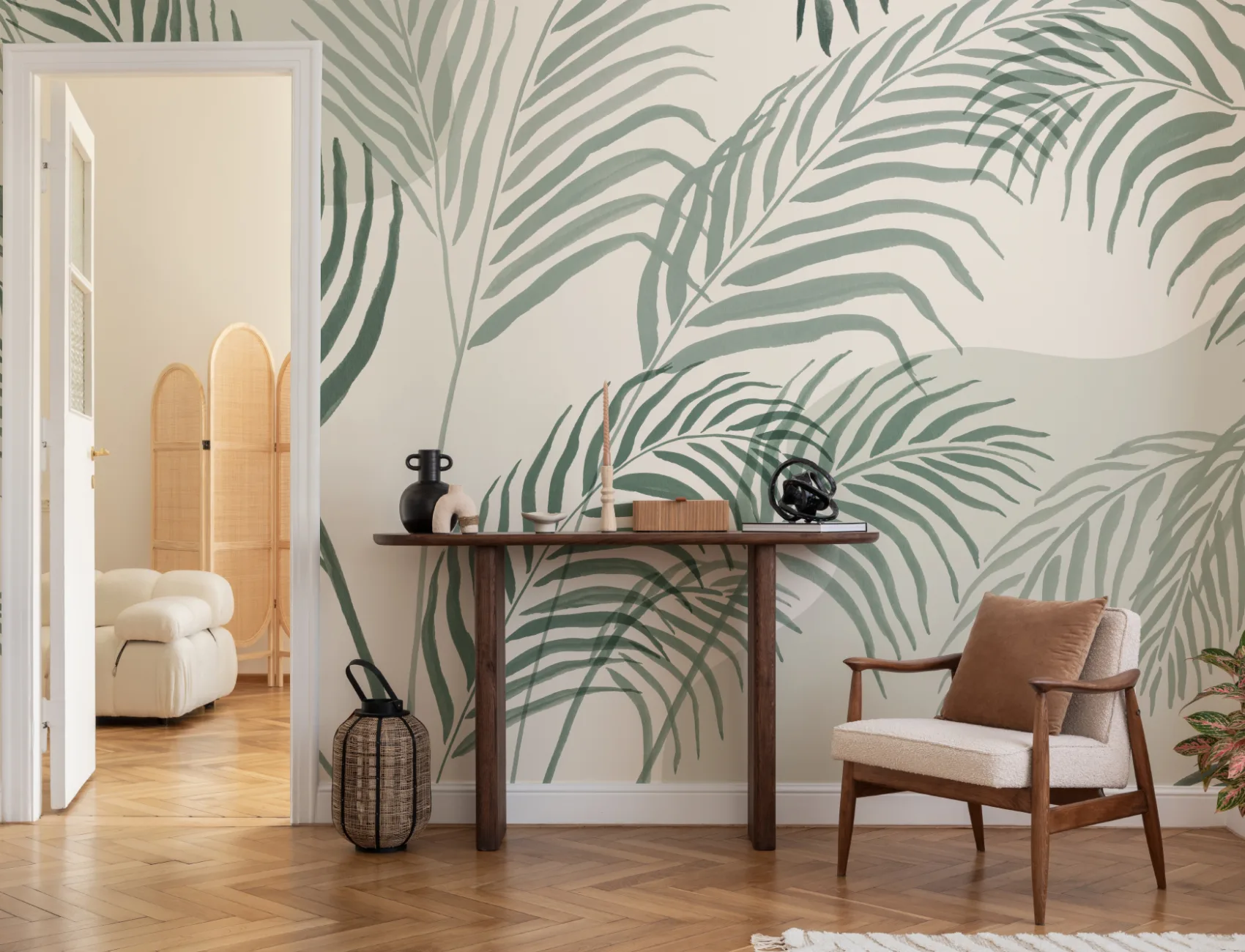 Mural de papel de parede tropical com folha de palmeira verde e tinta