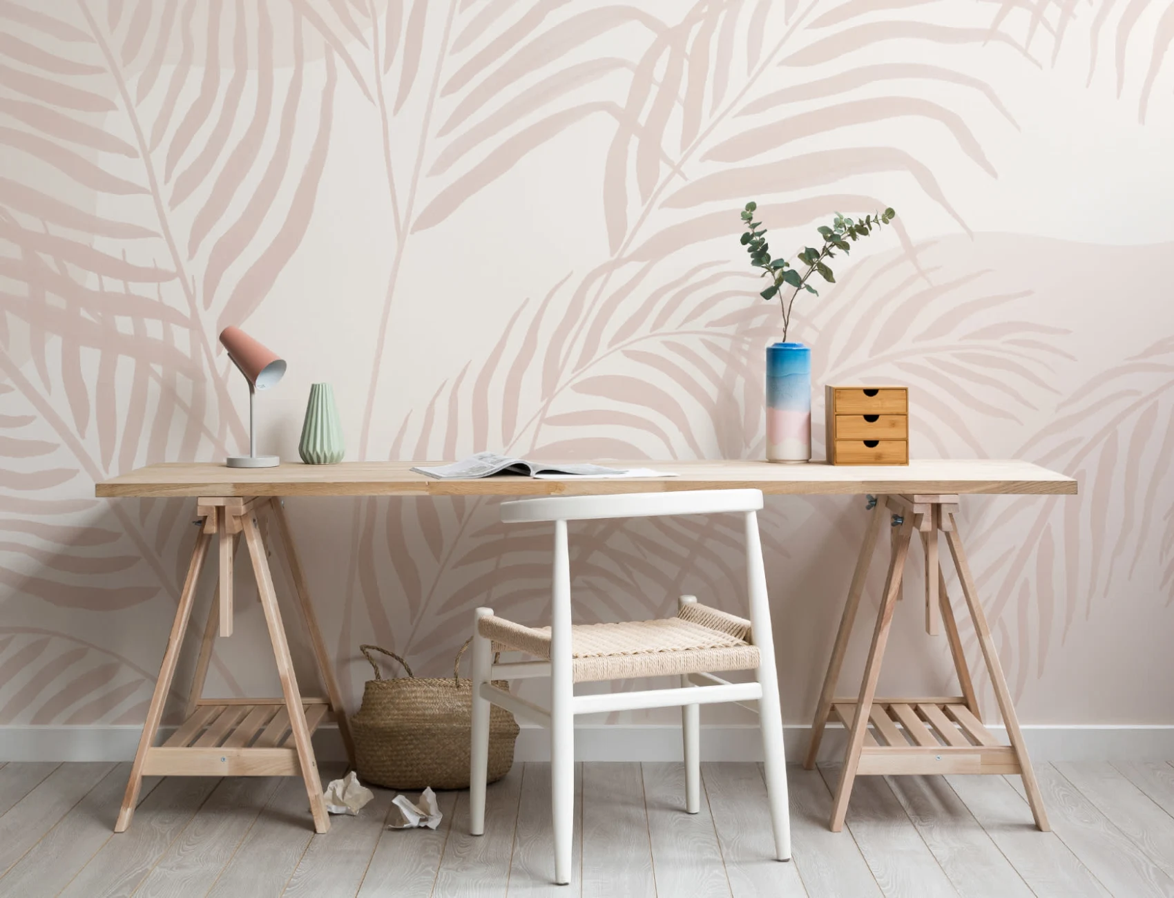 Pink Palm Leaf Inky Tropical Wallpaper Mural