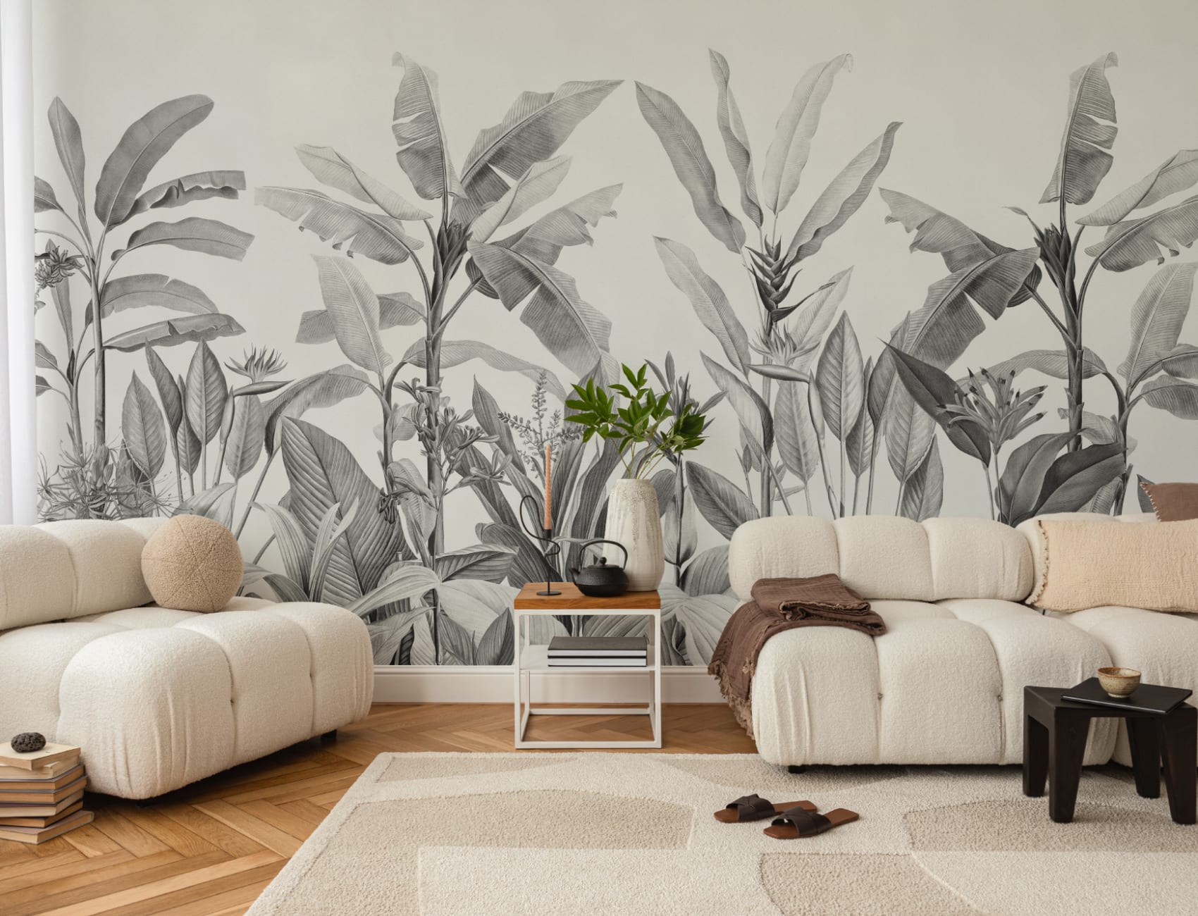 Grayscale Vintage Tropical Plants Wallpaper Mural