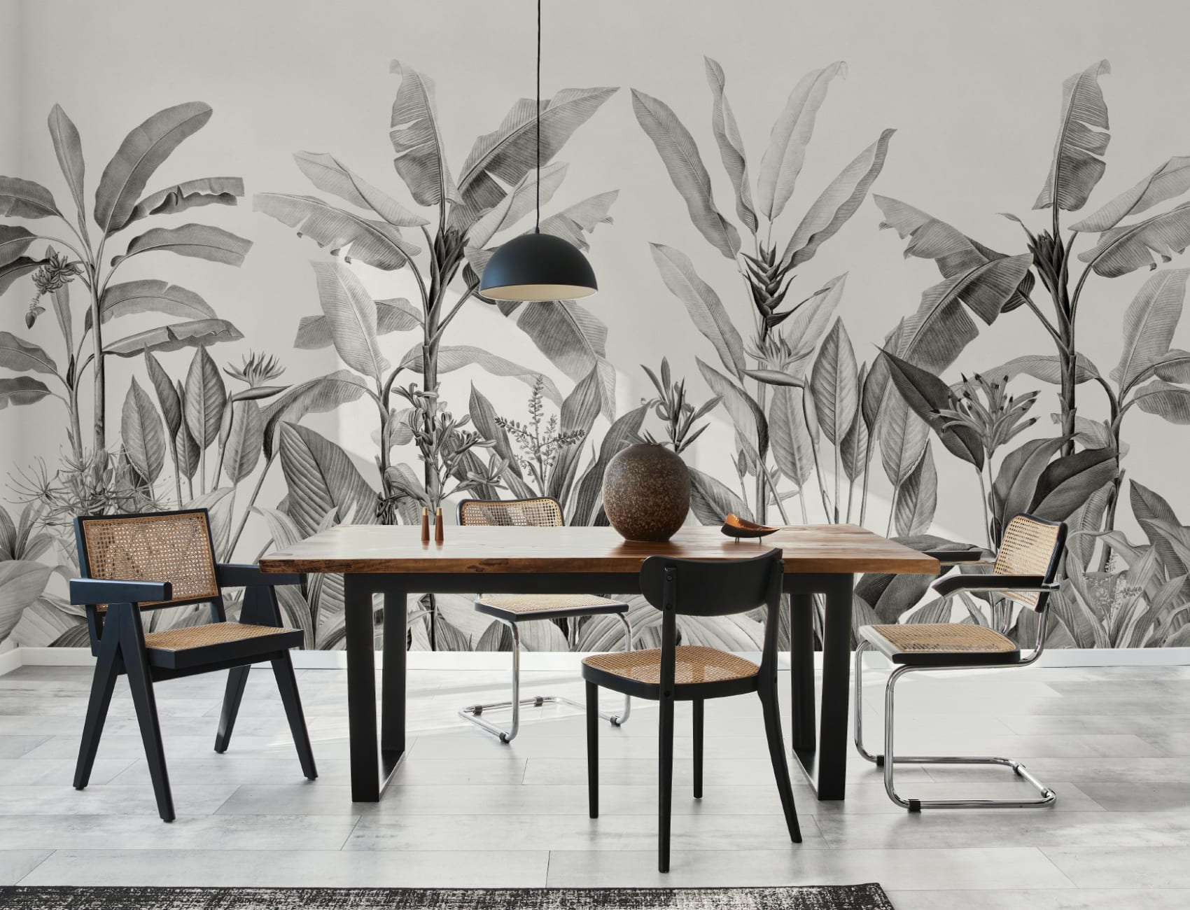 Grayscale Vintage Tropical Plants Wallpaper Mural