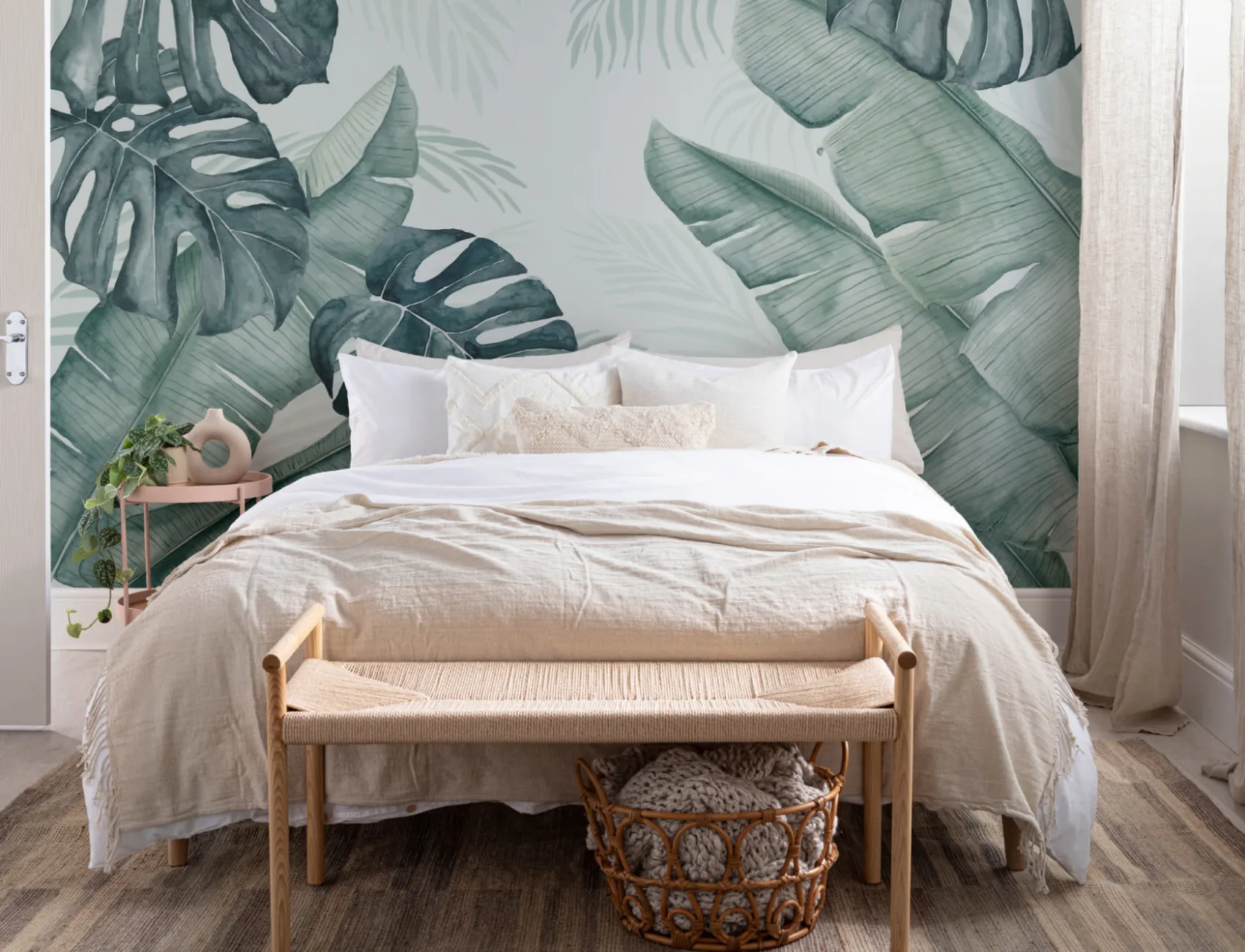 Mural de papel de parede de folhas tropicais em aguarela verde e azul