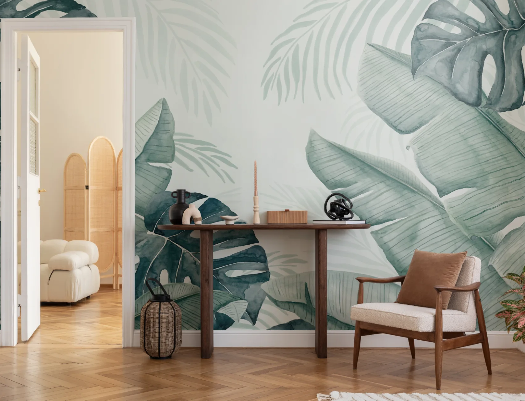 Mural de papel de parede de folhas tropicais em aguarela verde e azul