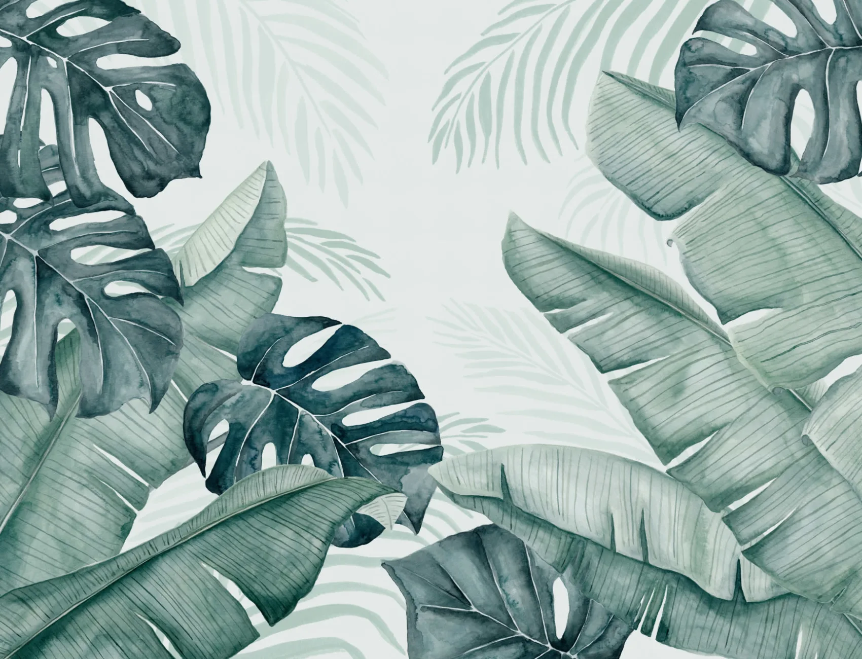 Mural de papel de parede de folhas tropicais em aguarela verde e azul