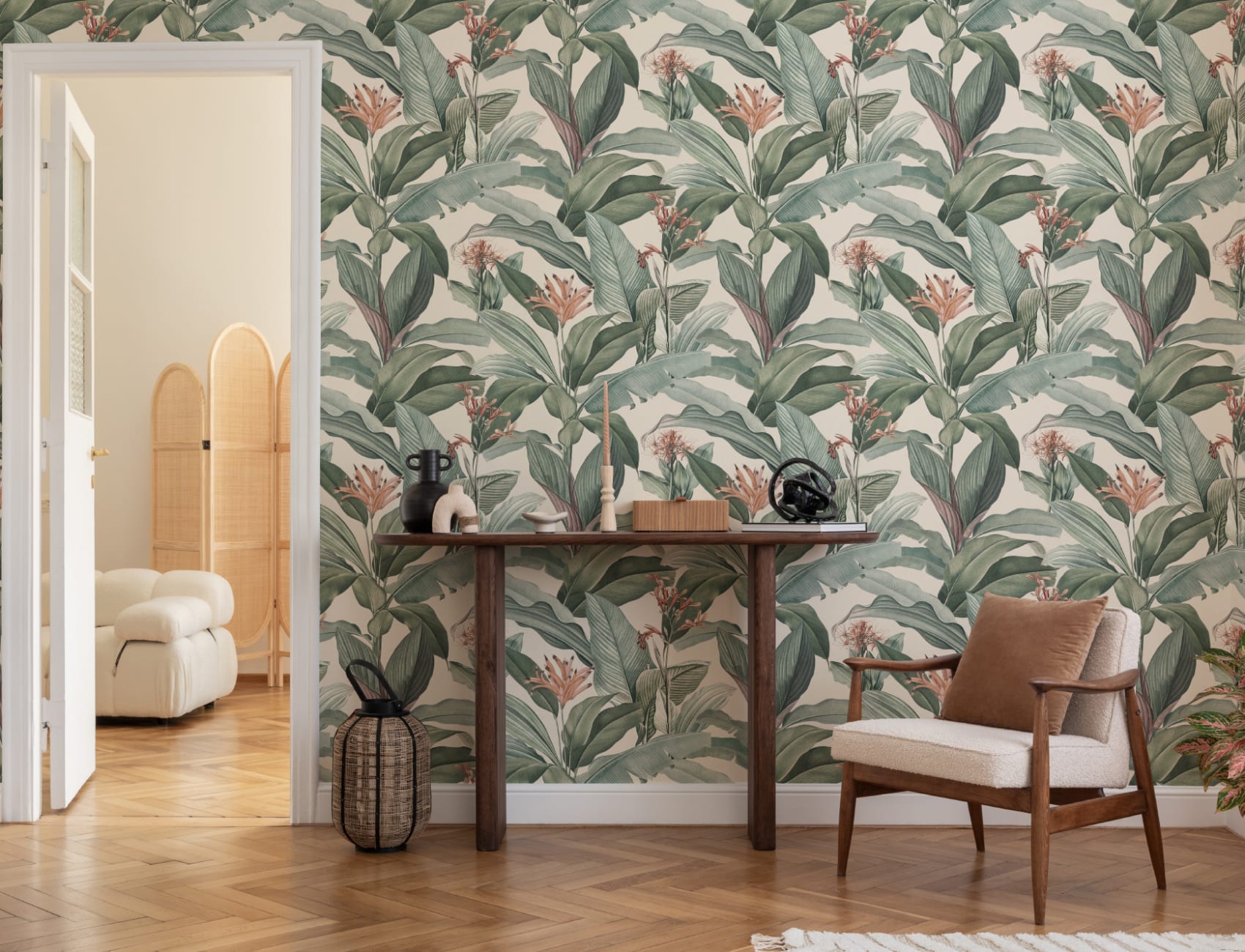 Peach Chic Vintage Tropical Repeat Pattern Wallpaper