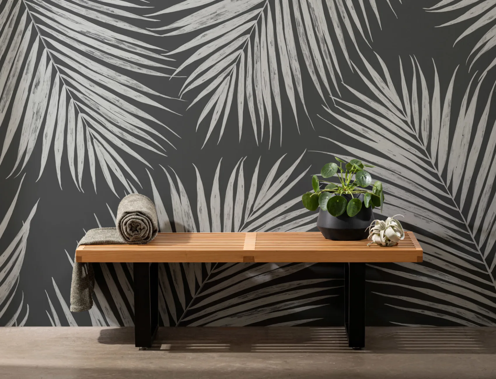 Mustavalkoinen kuvitettu trooppinen Palm Leaf kuvatapetti