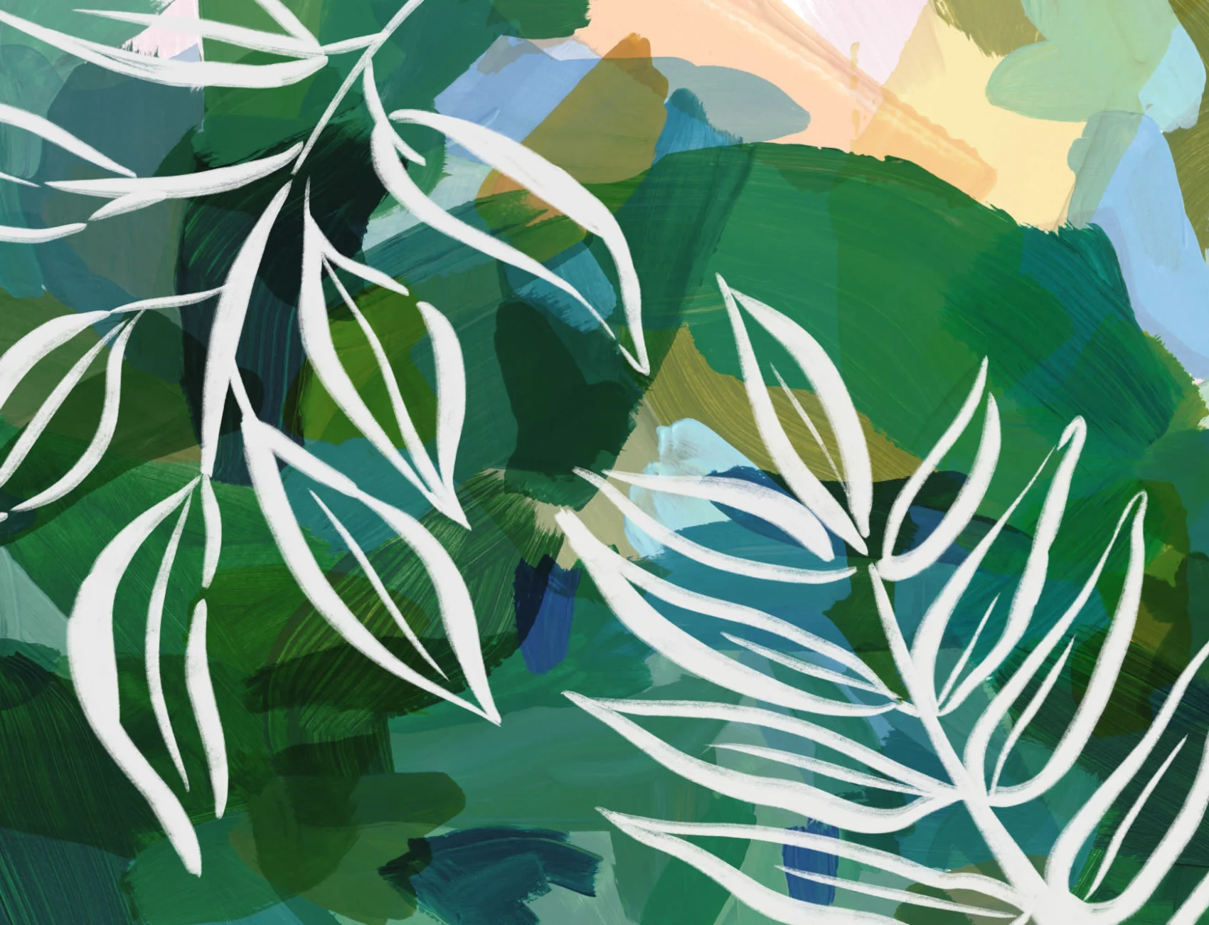 Mural botánico abstracto en azul y verde