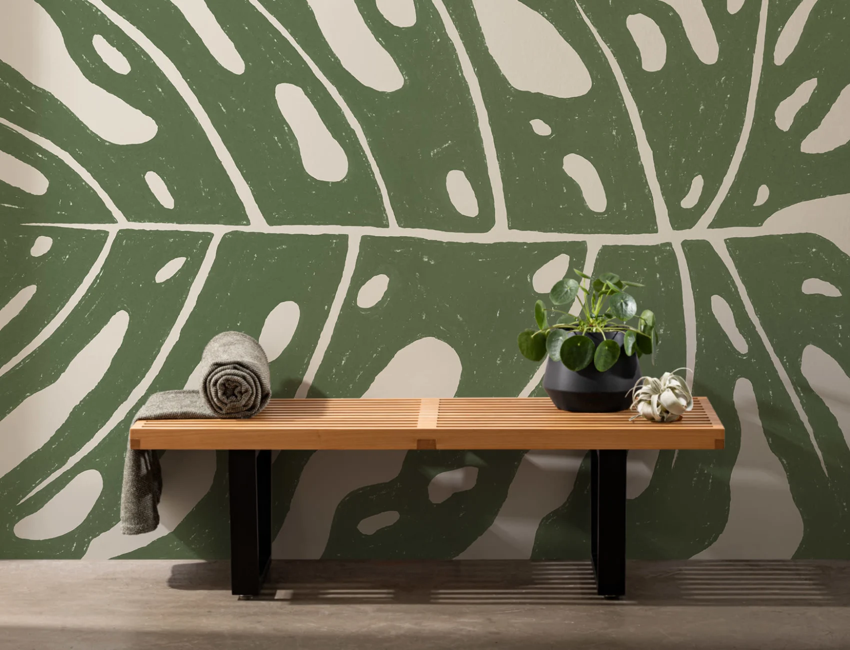 Mural Monstera gigante en beige y verde