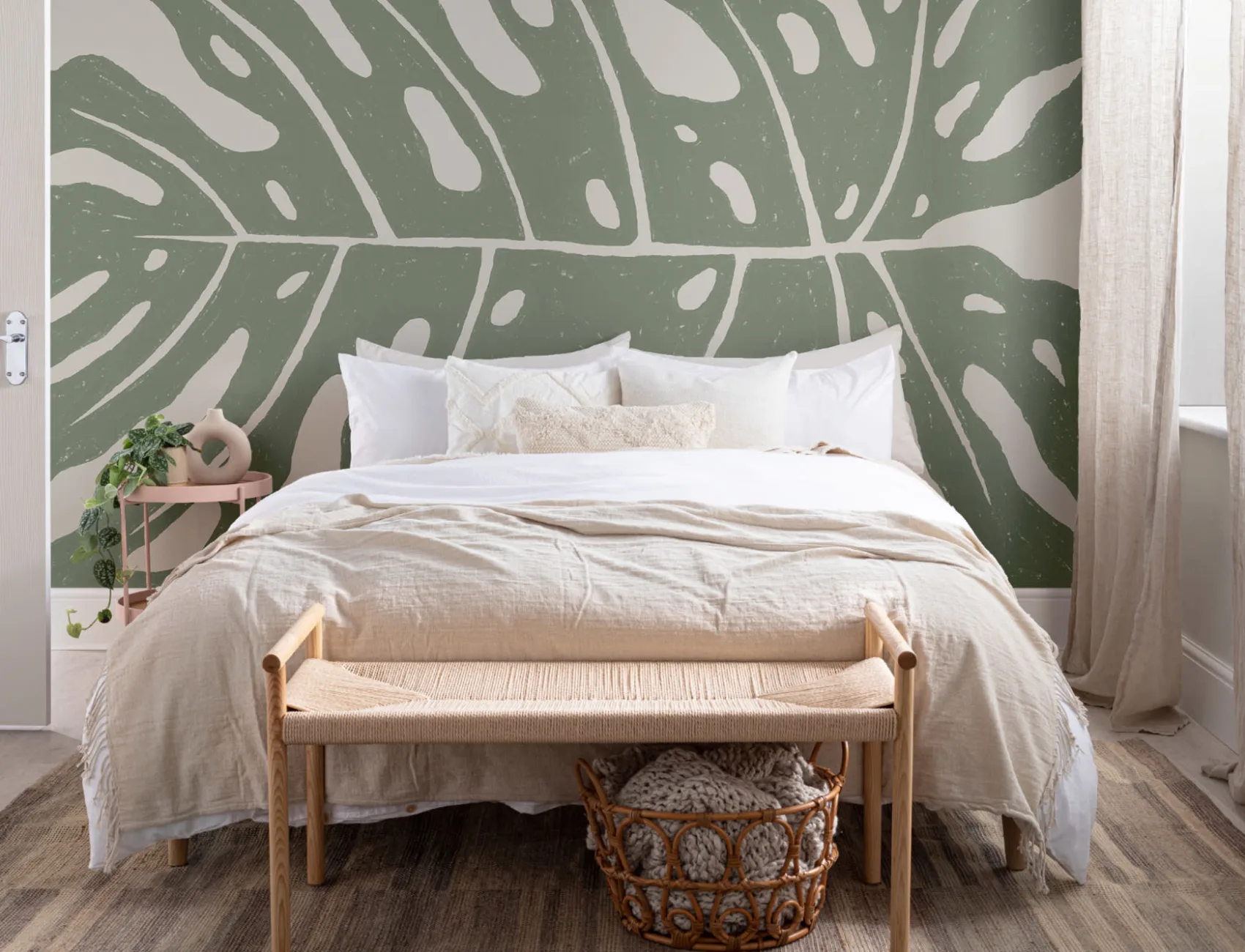 Mural Monstera gigante en beige y verde