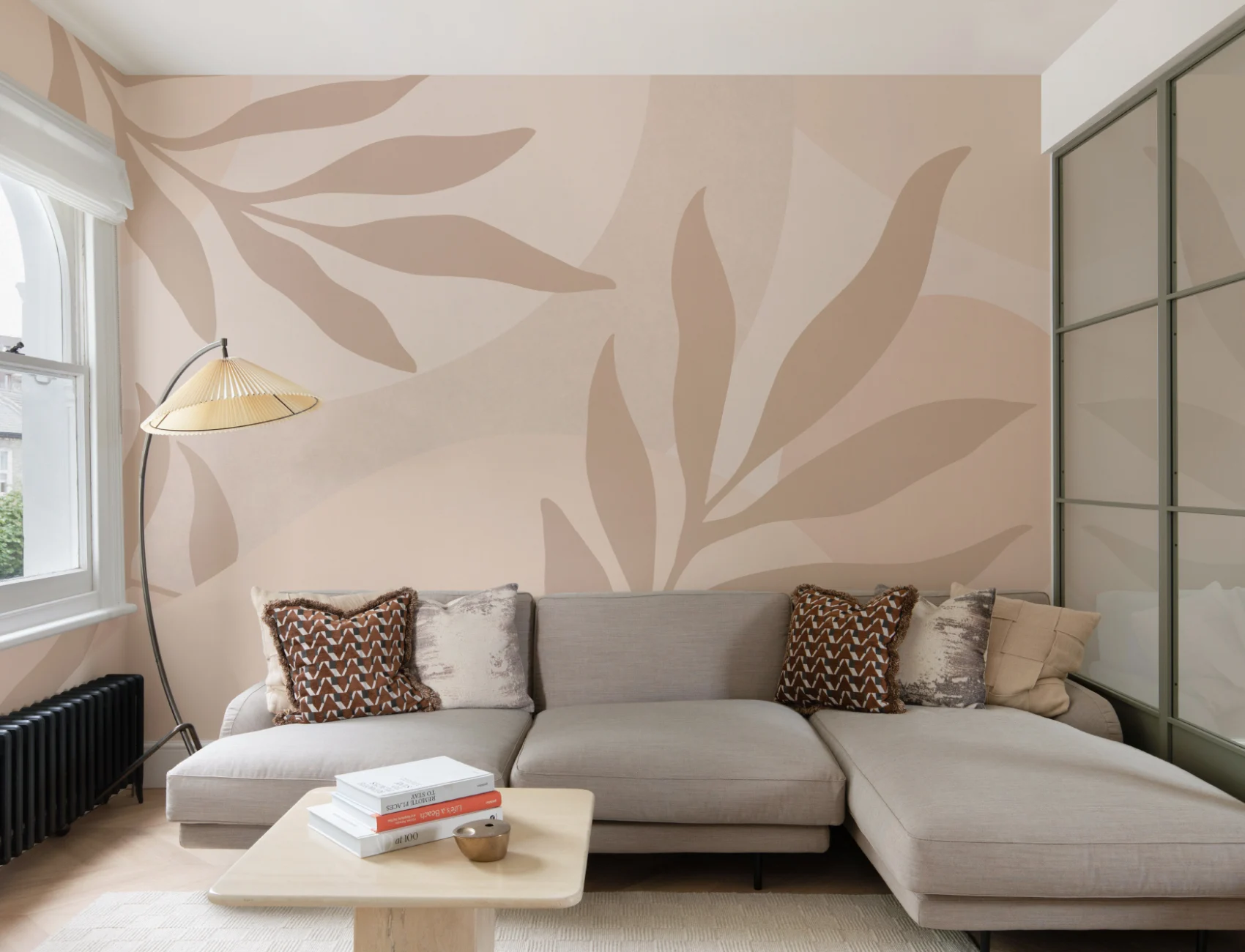 Peach and Beige Tropical Leaves Wallpaper Mural