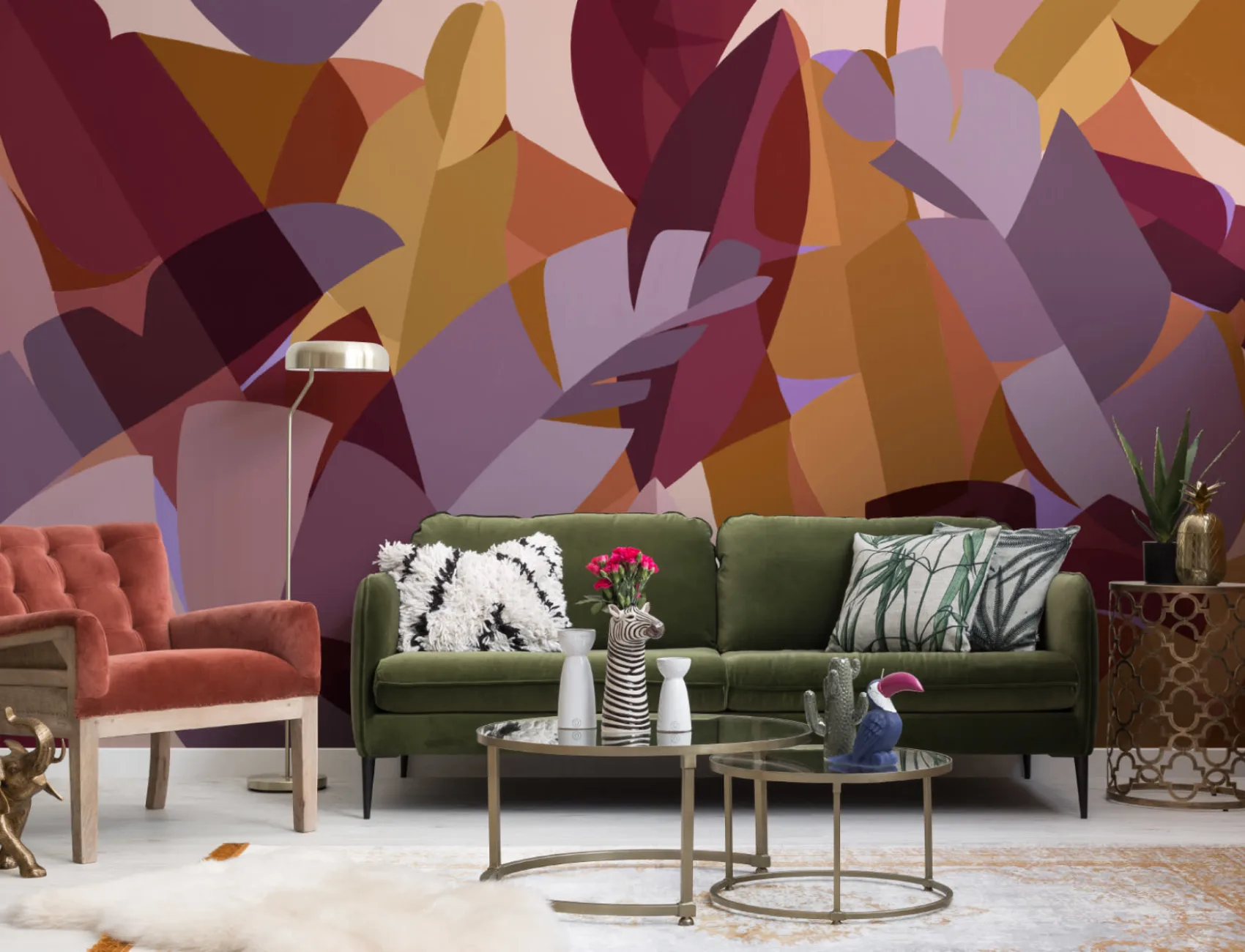 Mural de papel de parede de folhas tropicais estilo cubismo cor-de-rosa